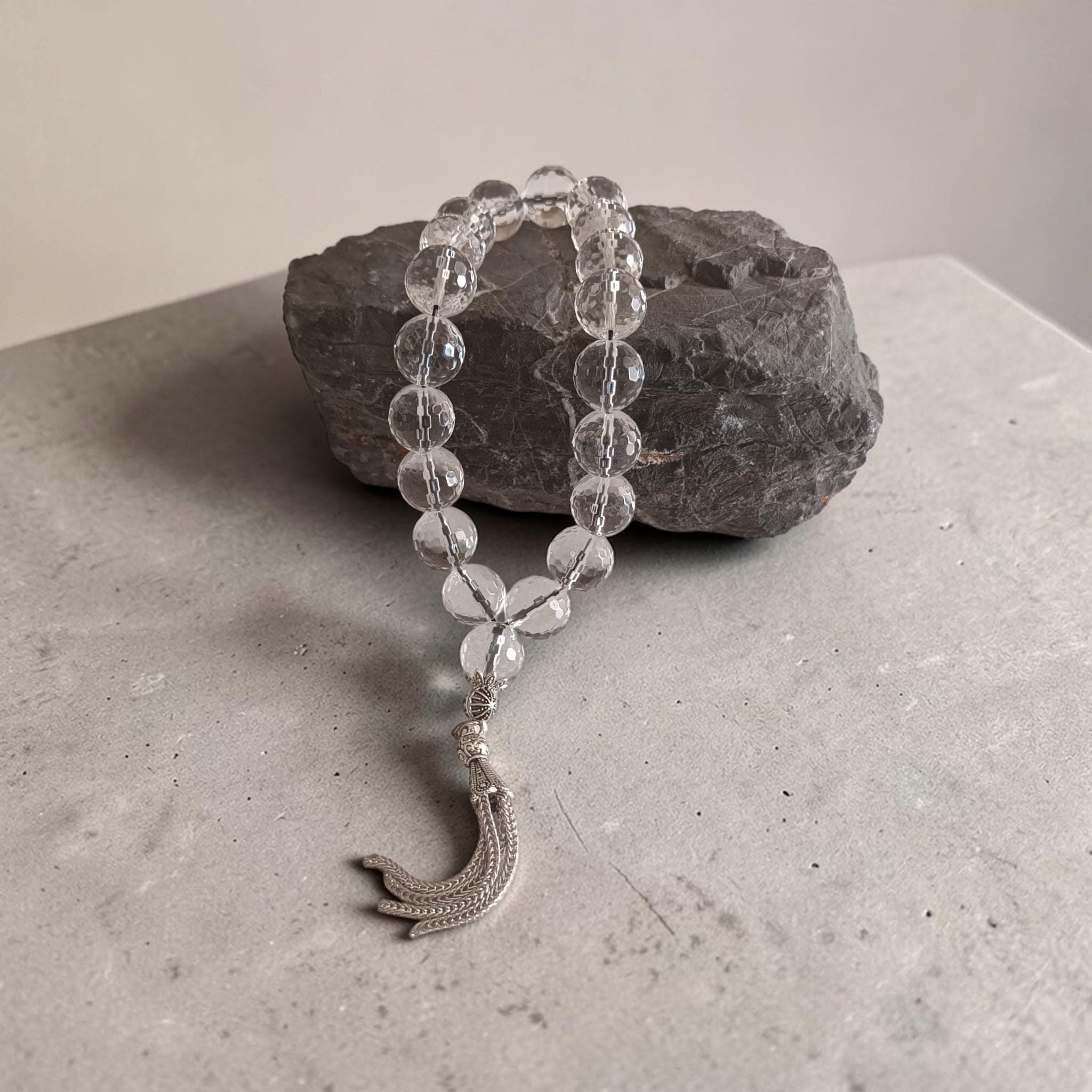 Clear 14MM Tasbeeh, Crystal Kuvars Misbaha, Tasbih 17 Beads, Faceted Round Prayer Beads - image 4