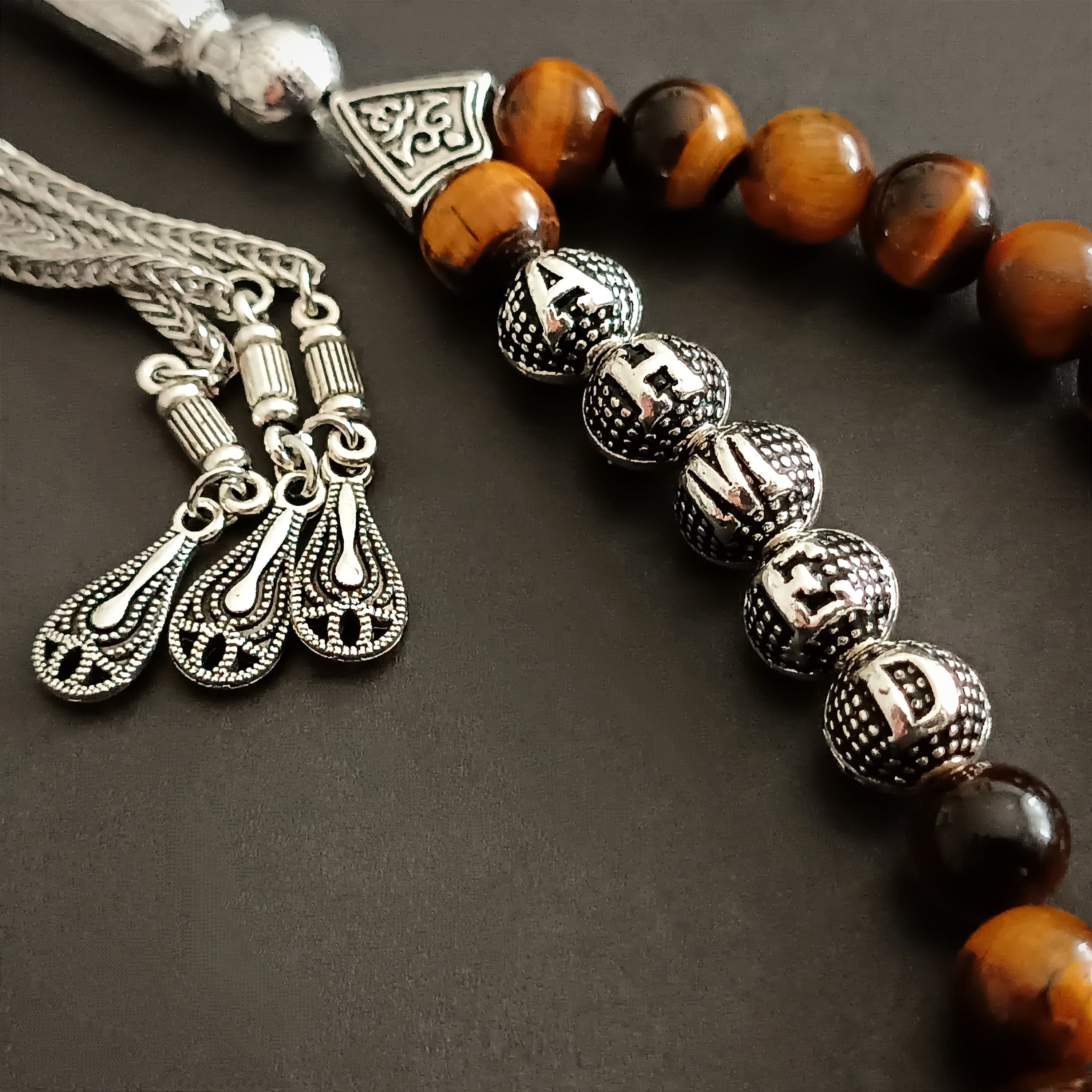 8 mm Tiger Eye Tasbeeh, Customizable Gemstone Tasbih Gift, Brown Natural Stone 33 Beads Rosary, Personalized Tespih, Islamic Prayer Beads