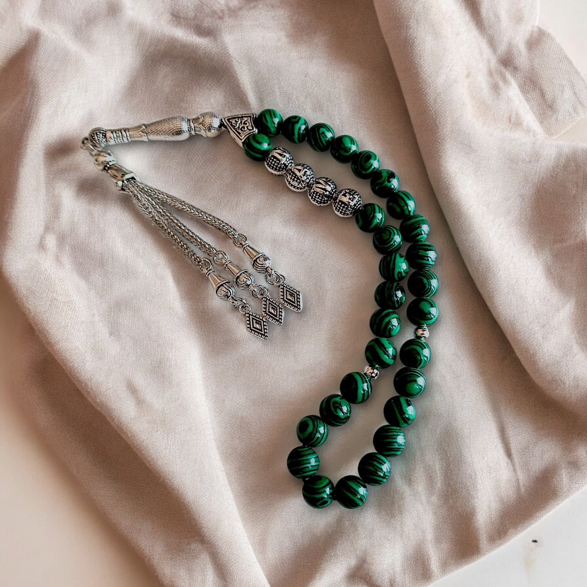 Malachite Tasbih, Custom Tasbih, Custom Gemstone Rosary, Name Tasbih, Name Rosary, Custom Prayer Beads, Green Tasbeeh, Customizable Subha