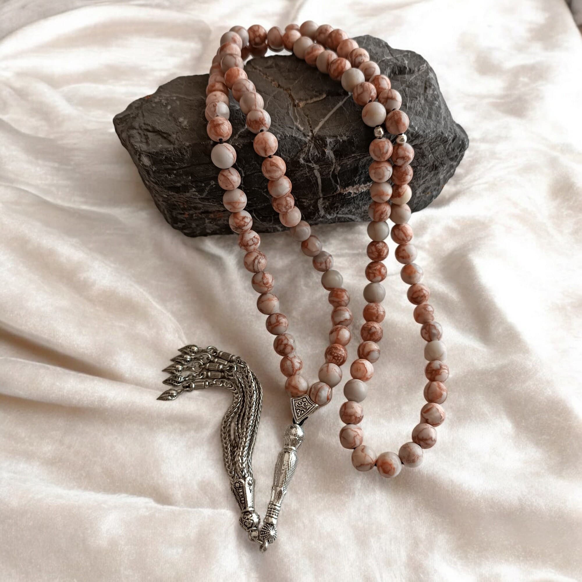 Brown Prayer Beads, Tasbih 99, Jasper Rosary, Islamic Gift, Muslim Rosary, Marble Tasbih, Tasbeeh Gift, Jasper Gemstone Sabha, Brown Masbaha