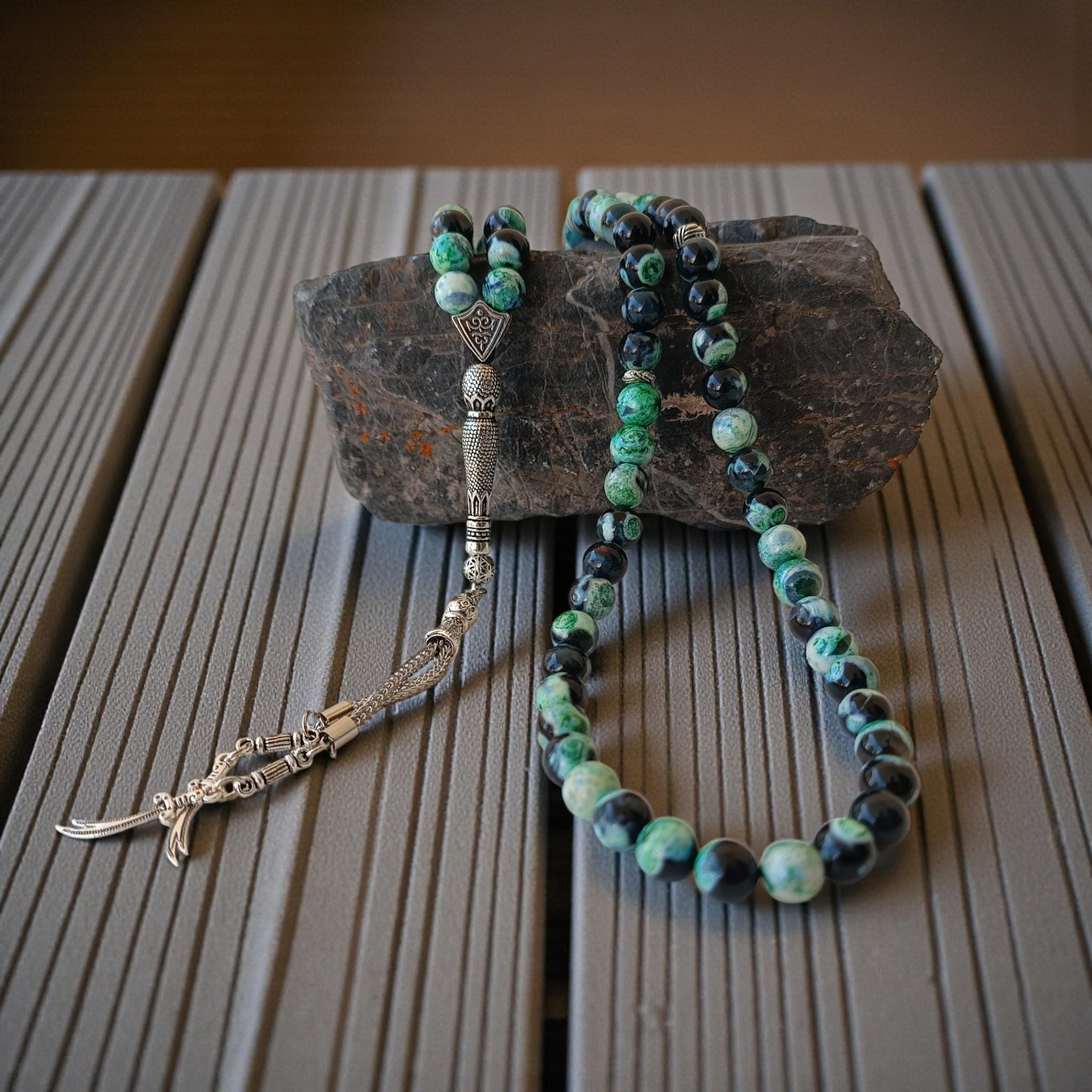 Green & Black Tasbeeh 99, Aqeeq Prayer Beads, Agate Gemstone Tasbih, Islamic 8MM Rosary - image 5