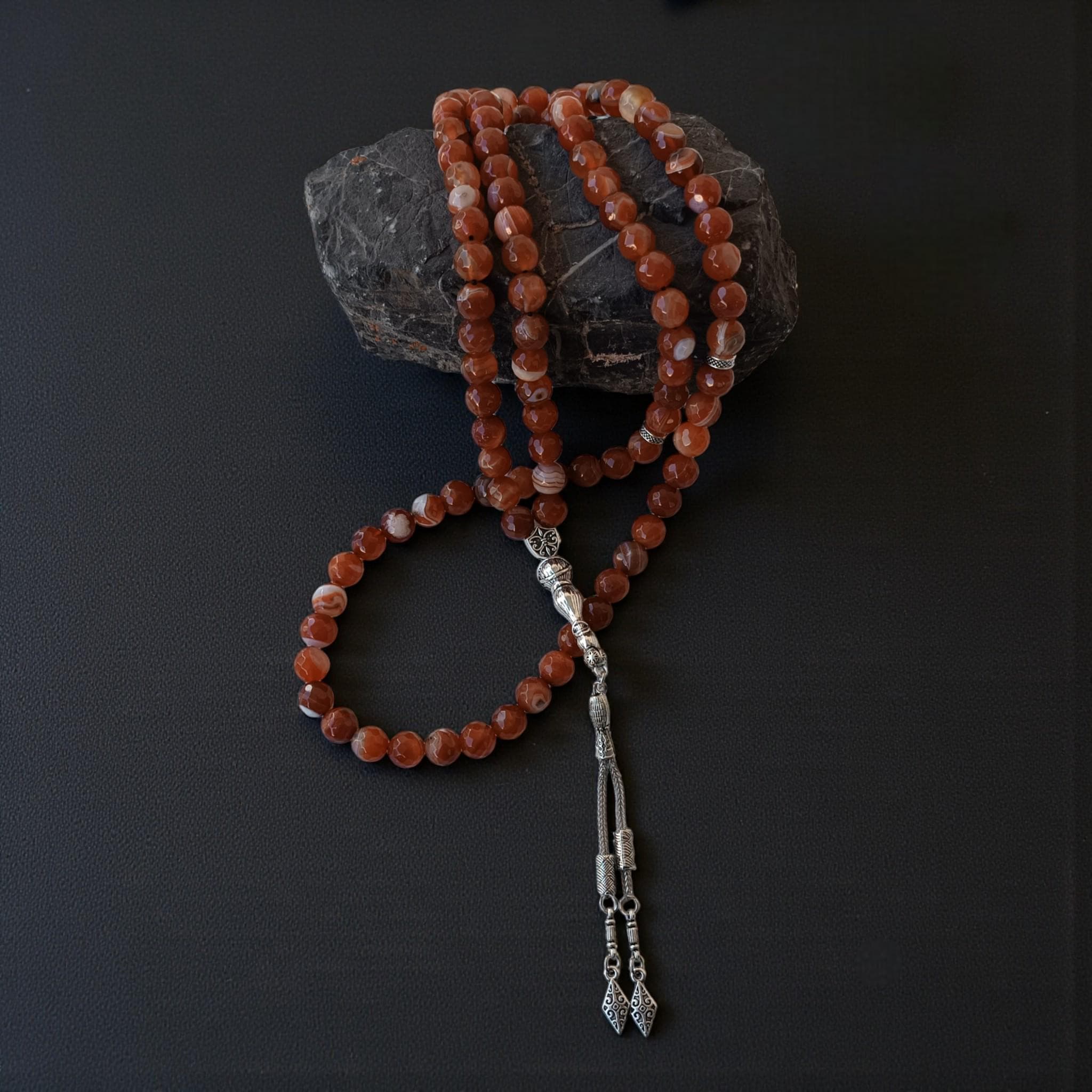 Agate Prayer Beads, 10mm Rosary Beads, Muslim Tasbih 99, Red Gemstone Subha, Aqeeq Masbaha, Islamic Chapelet, Present for Eid - image 5