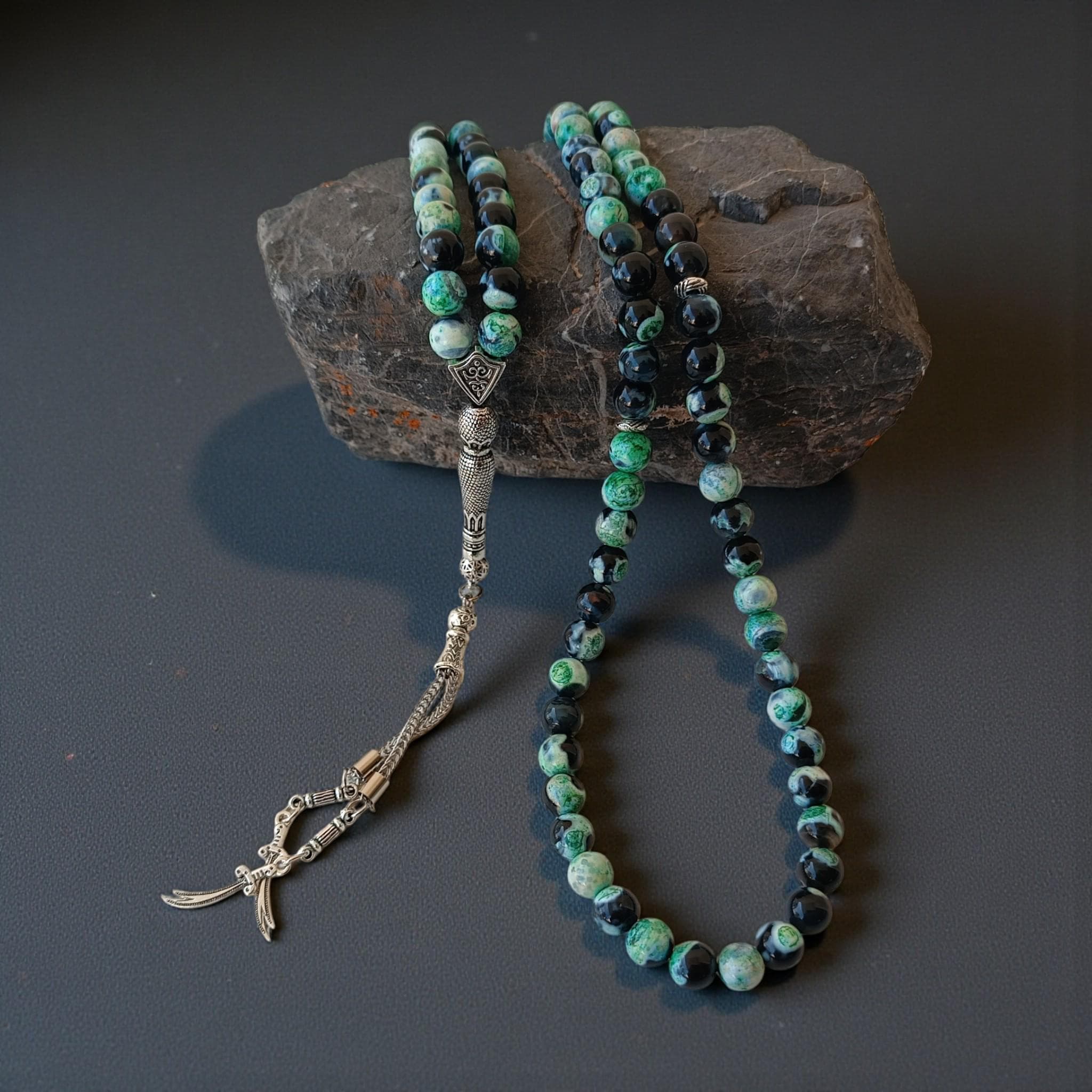 Green & Black Tasbeeh 99, Aqeeq Prayer Beads, Agate Gemstone Tasbih, Islamic 8MM Rosary - image 4