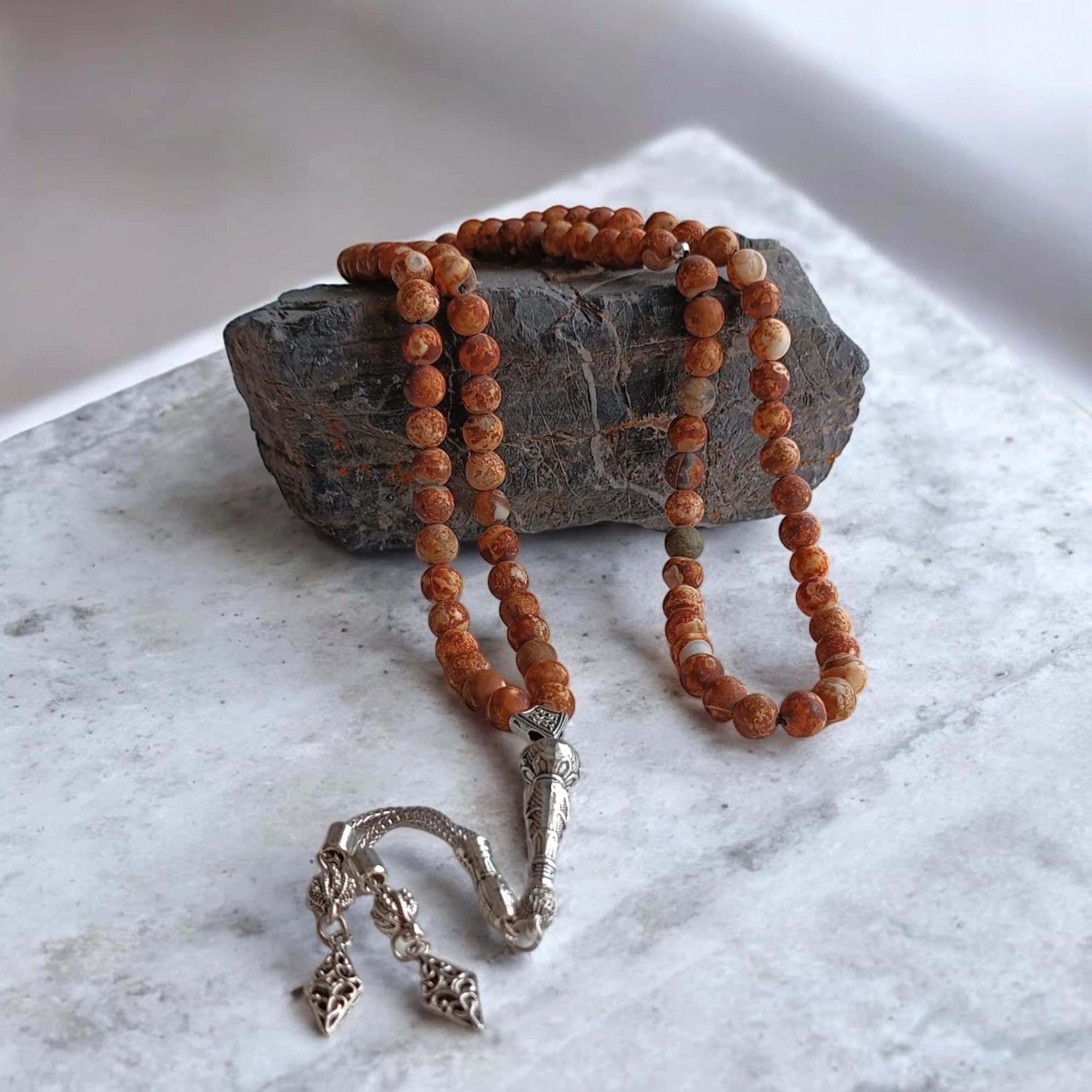 Real Large Tibetan Agate Prayer Beads, Brown Muslim Tasbih, Aqeeq Islamic Tasbeeh, Sibha, Worry Beads, Tasbih 99, Agate Zikr Beads, Masbaha - image 4
