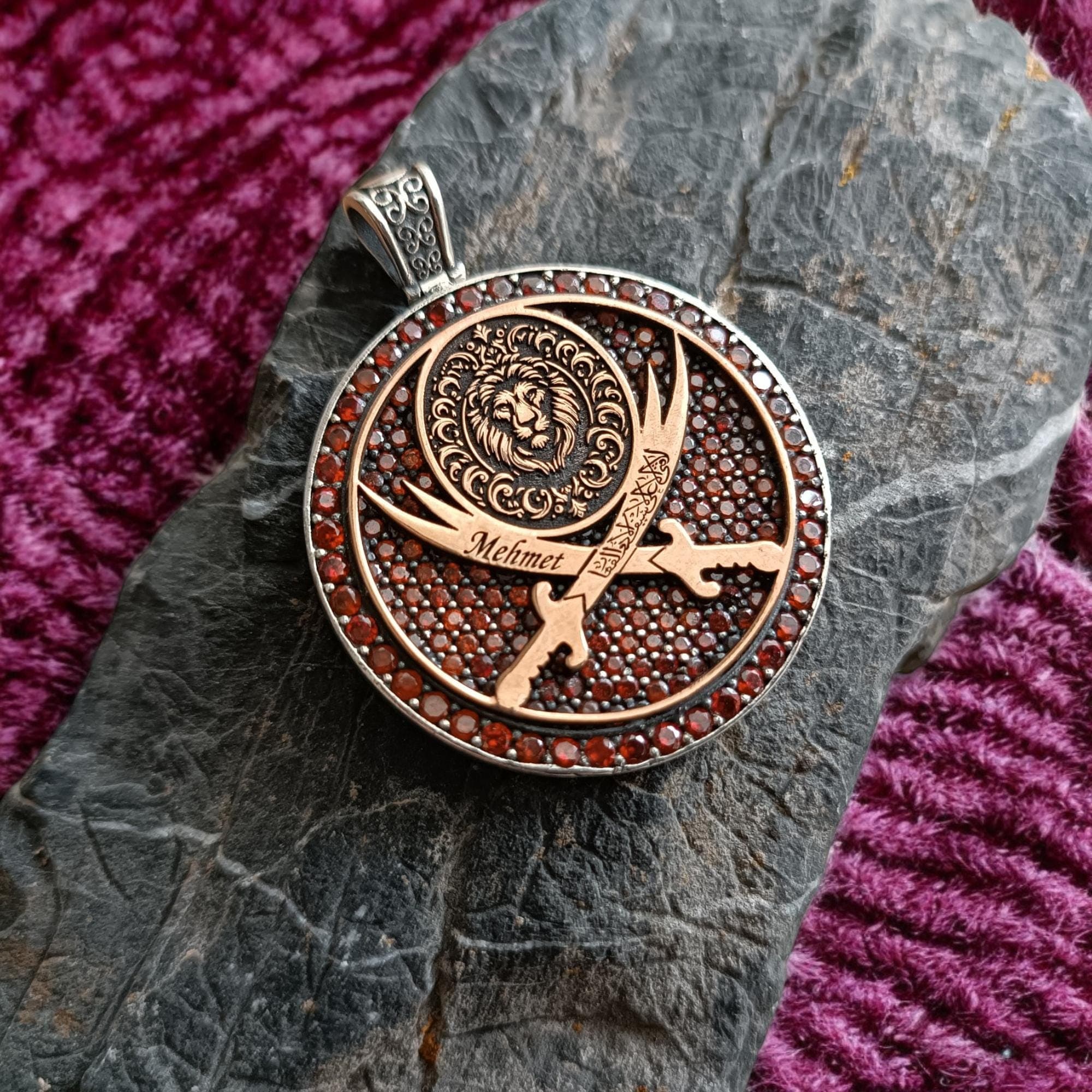 925 Sterling Silver Customizable Pendant, Red Zircon Necklace, Silver Medallion, Personalized Necklace, Gift for Special Day, Custom Medal