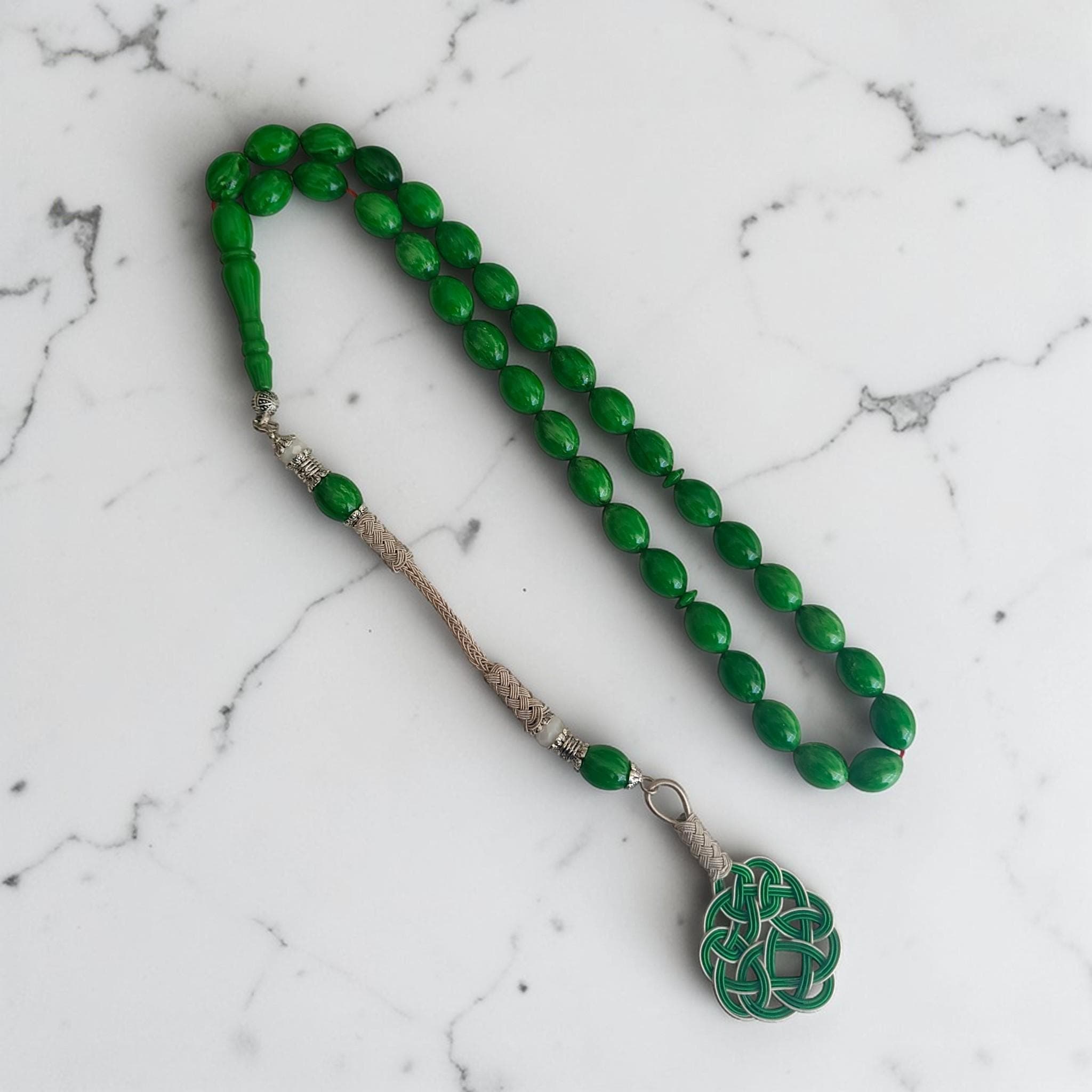 Green Bakelite Cataline Prayer Beads, Copper Tassel Tasbih 33 - image 3