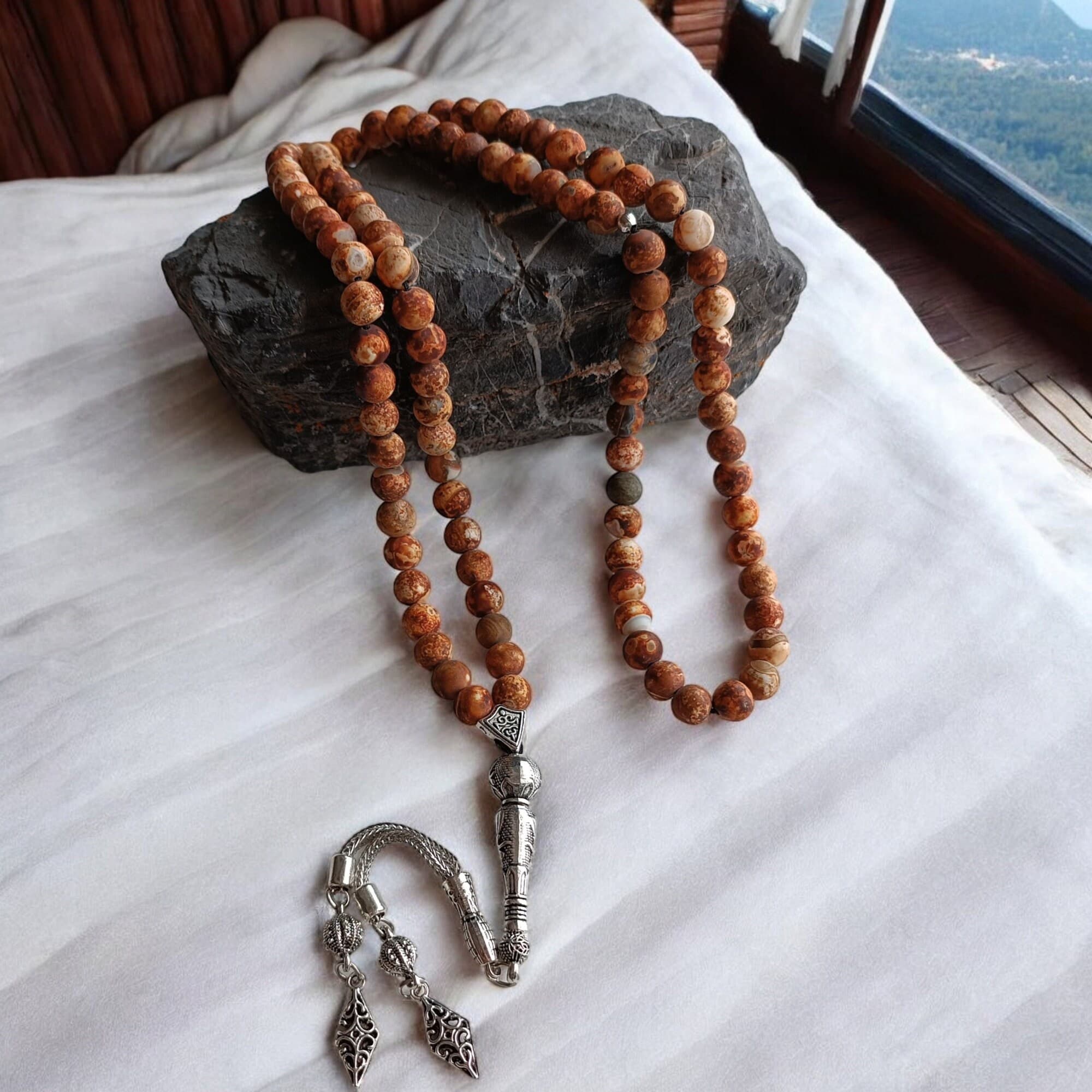 Real Large Tibetan Agate Prayer Beads, Brown Muslim Tasbih, Aqeeq Islamic Tasbeeh, Sibha, Worry Beads, Tasbih 99, Agate Zikr Beads, Masbaha - image 5