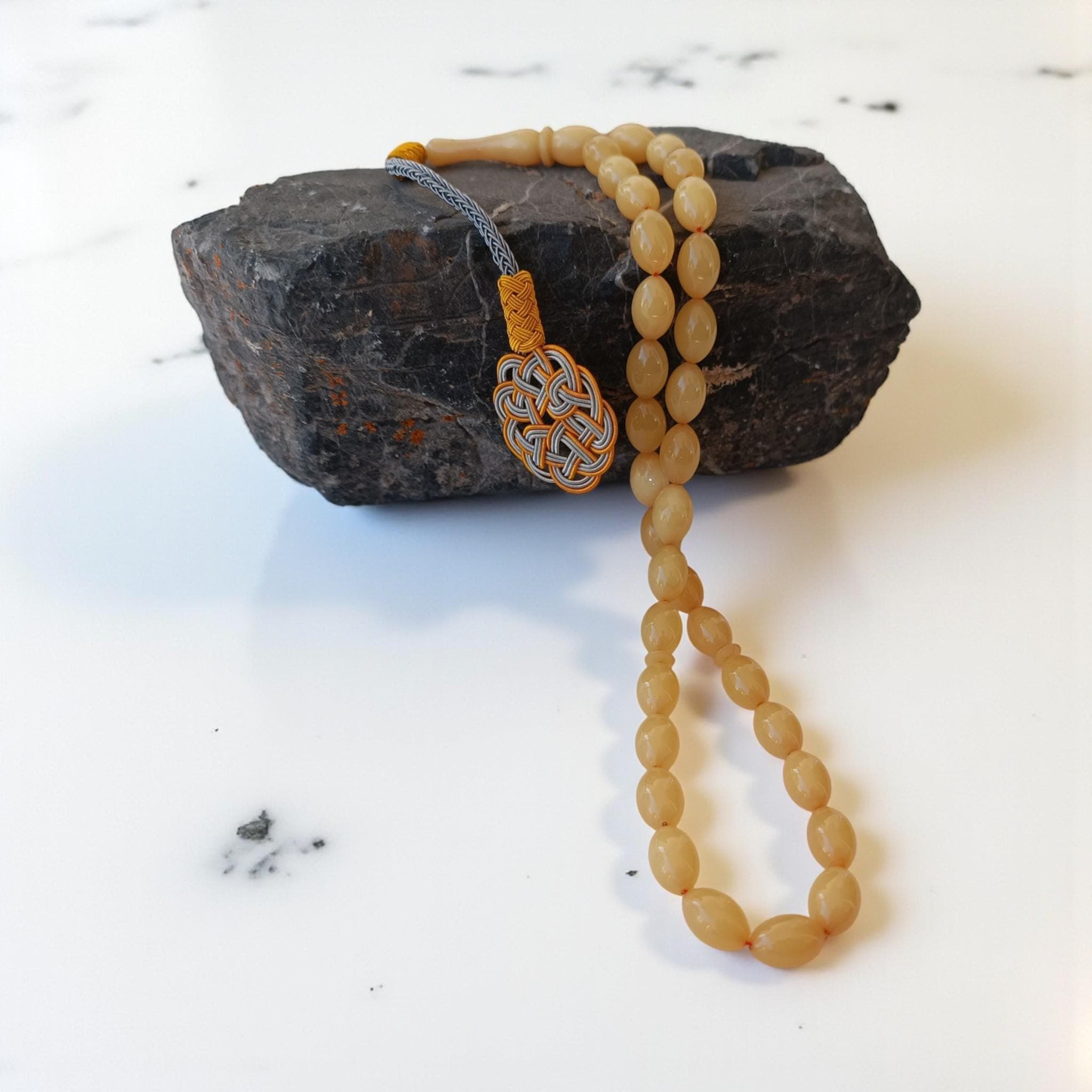 Yellow Masbaha, Bakelite Tasbih 33, Tasbeeh Present, Muslim Gift Idea, Copper Tassel Rosary, Kazaz Prayer Beads, Bakelite Amber Subha - image 5