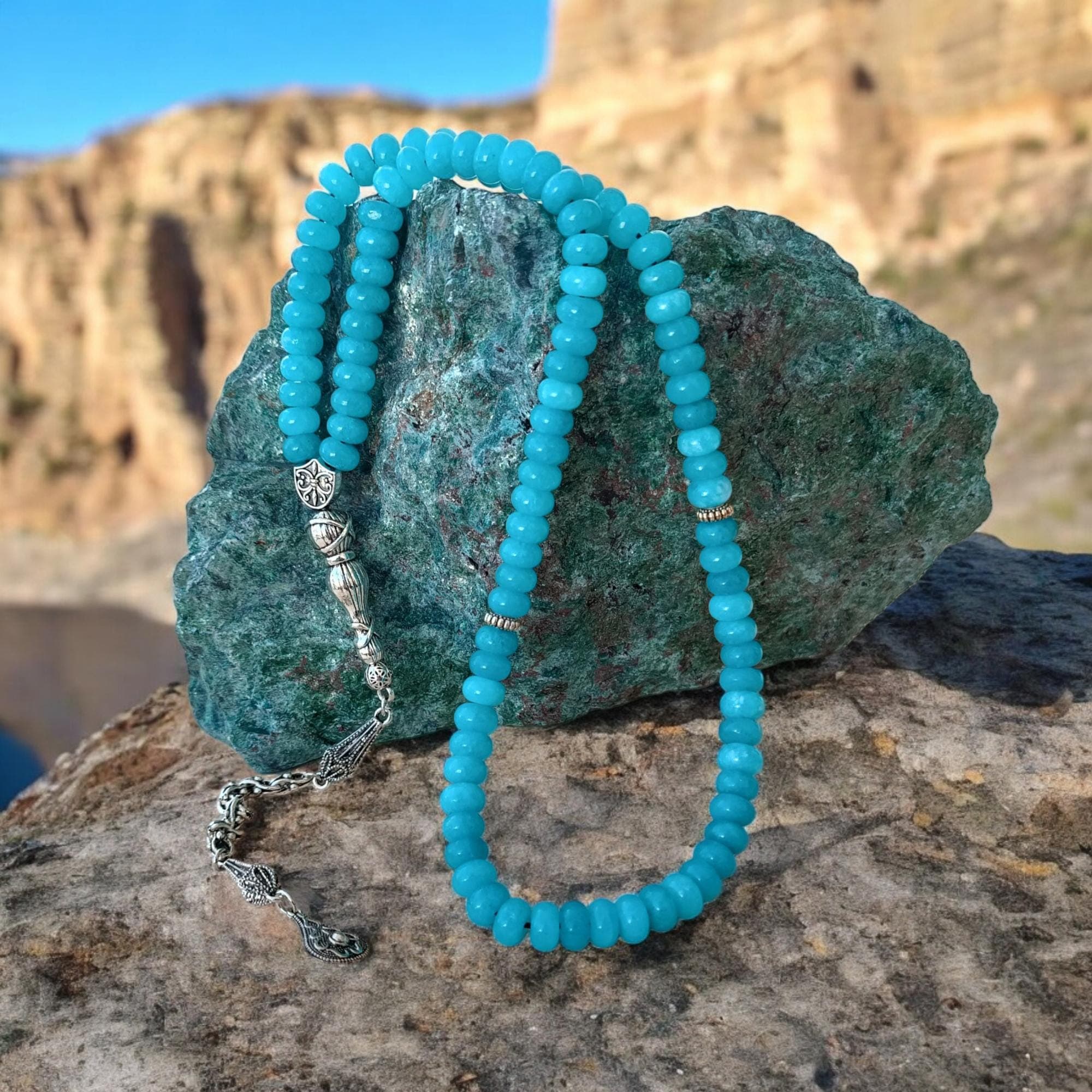 Blue Gemstone Prayer Beads, Islamic Rosary Beads, Tasbih 99, Squeeze Larimar Tasbeeh, Blue Stone Masbaha, Larimar Subha, Muslim Gift