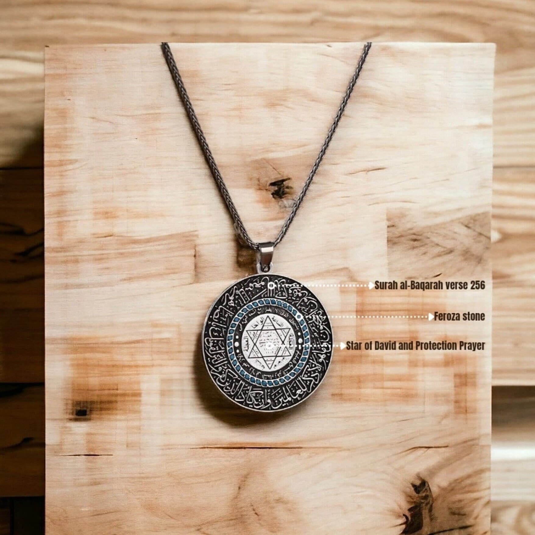 Turquoise Gemstone Medallion with Seal of Solomon, Solomon Locket, Star of David Necklace, Quran Verse Silver Jewelry, Amulet Talisman - image 3