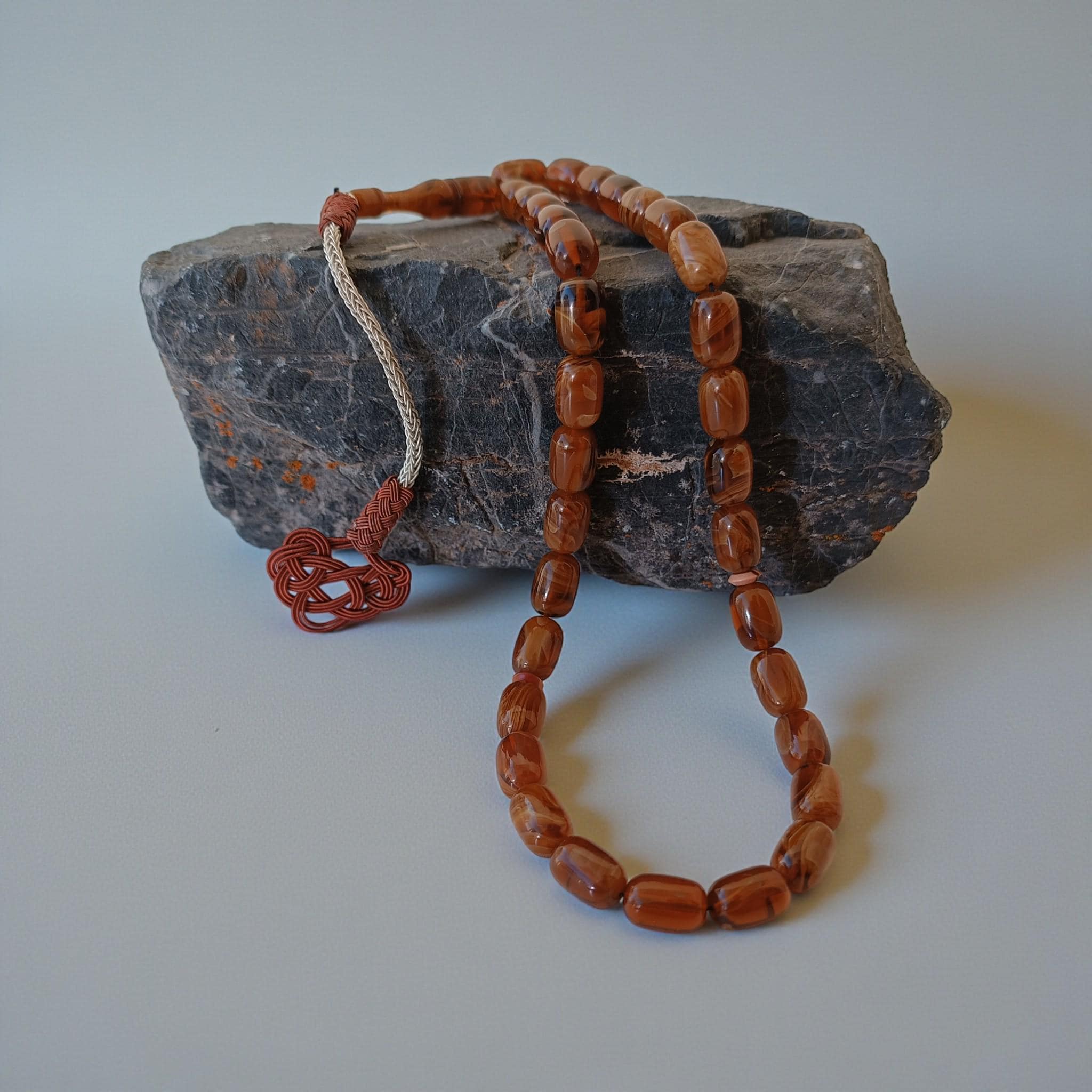 Copper Tassel Brown Masbaha, Bakelite Amber Prayer Beads, Tasbeeh 33, Muslim Tasbih Gift, Men's Rosary Beads, Brown Subha - image 4