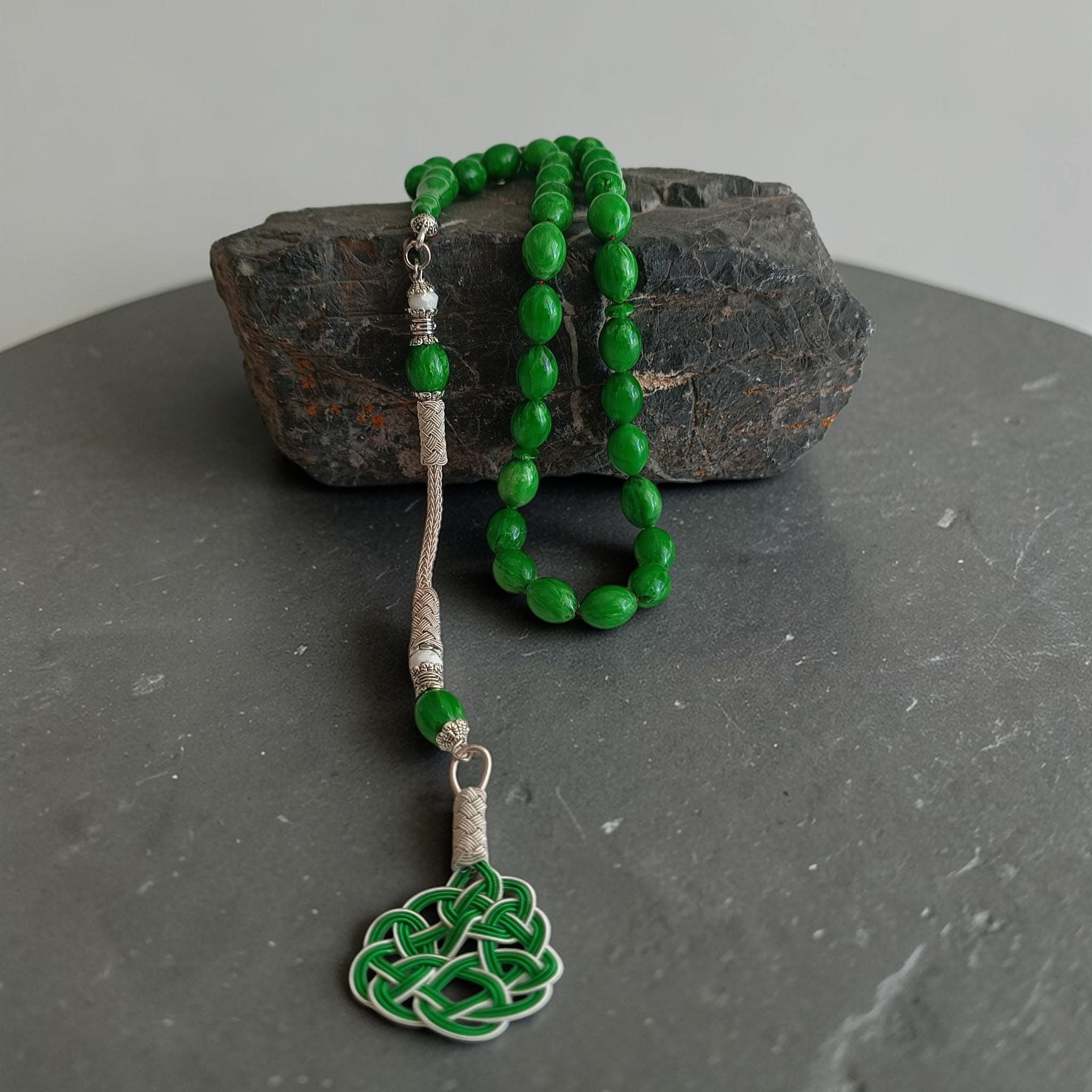 Green Bakelite Cataline Prayer Beads, Copper Tassel Tasbih 33 - image 4