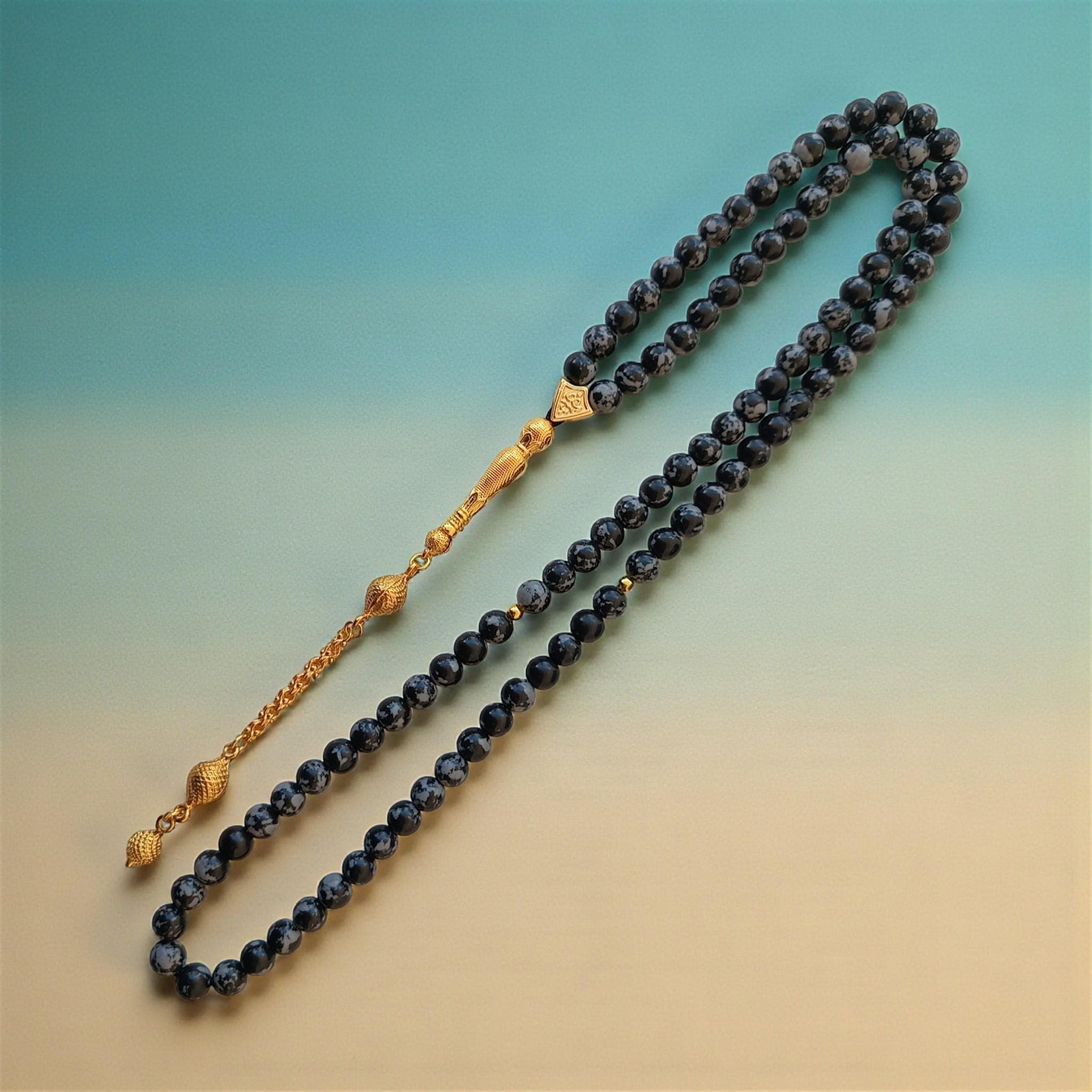 Gray Stone Tasbih 99, Gemstone Prayer Beads, Obsidian Masbaha, Black Gemstone Rosary - image 4