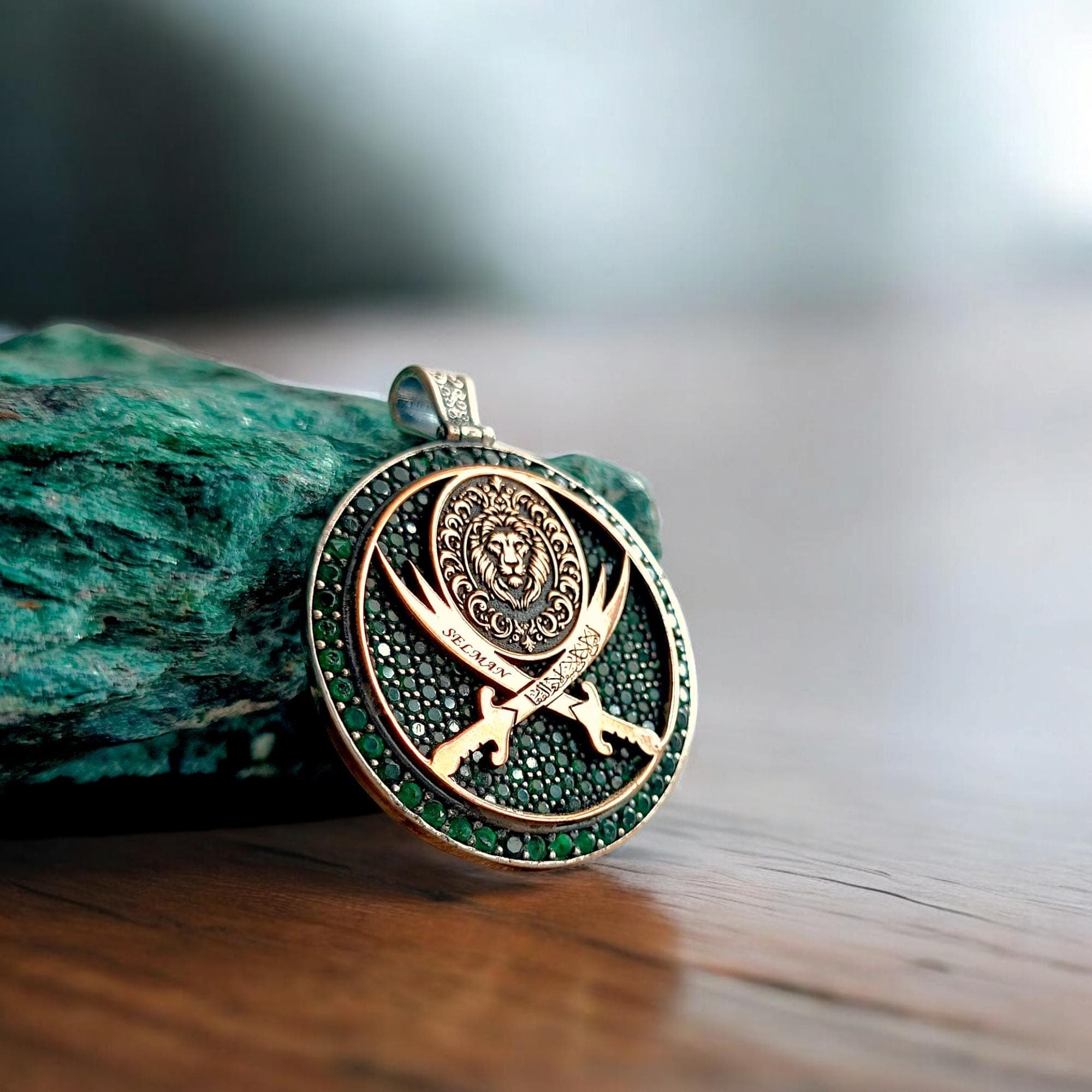 Green Zircon Inlaid 925 Sterling Silver Name Necklace, Silver Medallion, Customizable Medallion, Engraved Necklace, Custom Men Jewelry - image 5