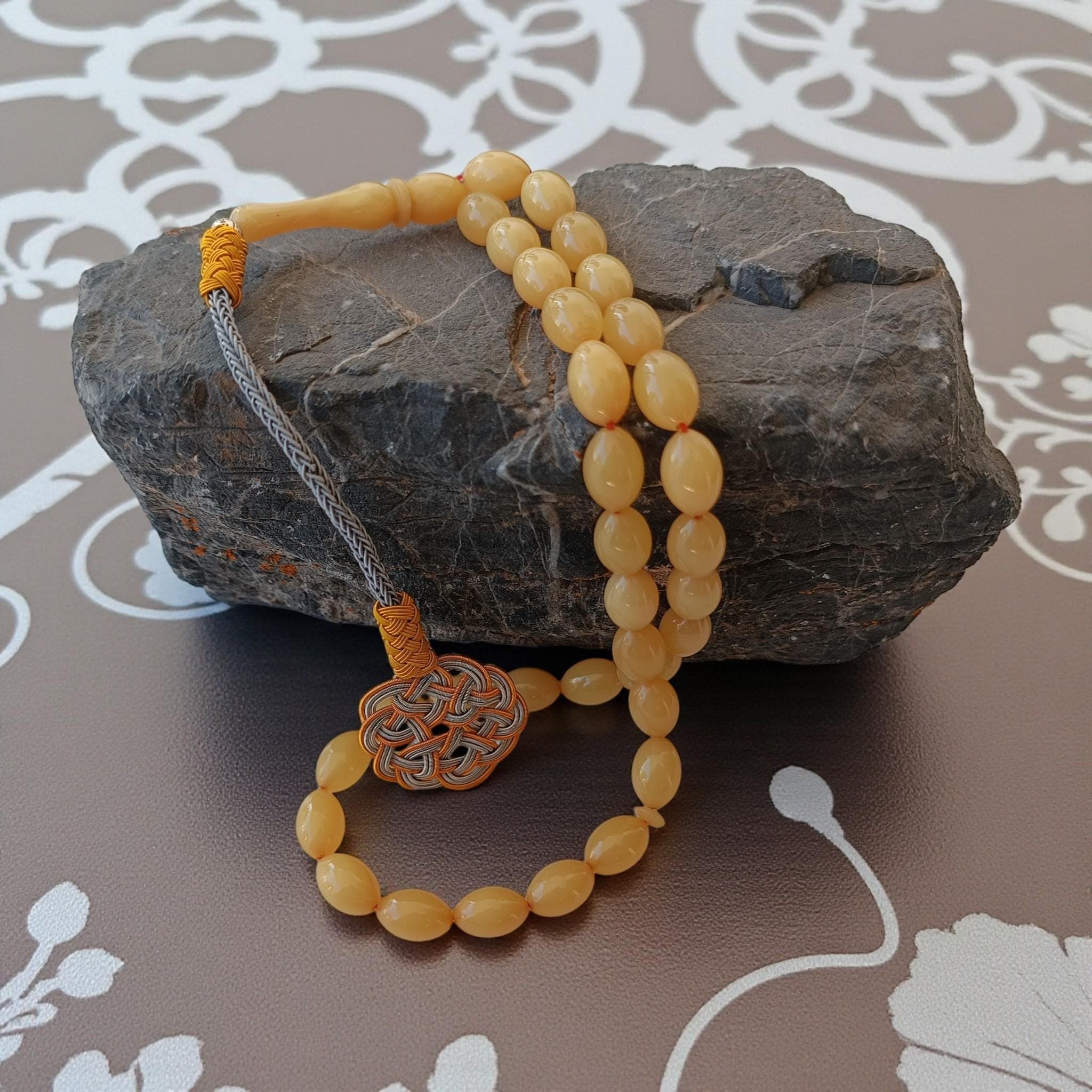 Yellow Masbaha, Bakelite Tasbih 33, Tasbeeh Present, Muslim Gift Idea, Copper Tassel Rosary, Kazaz Prayer Beads, Bakelite Amber Subha - image 3