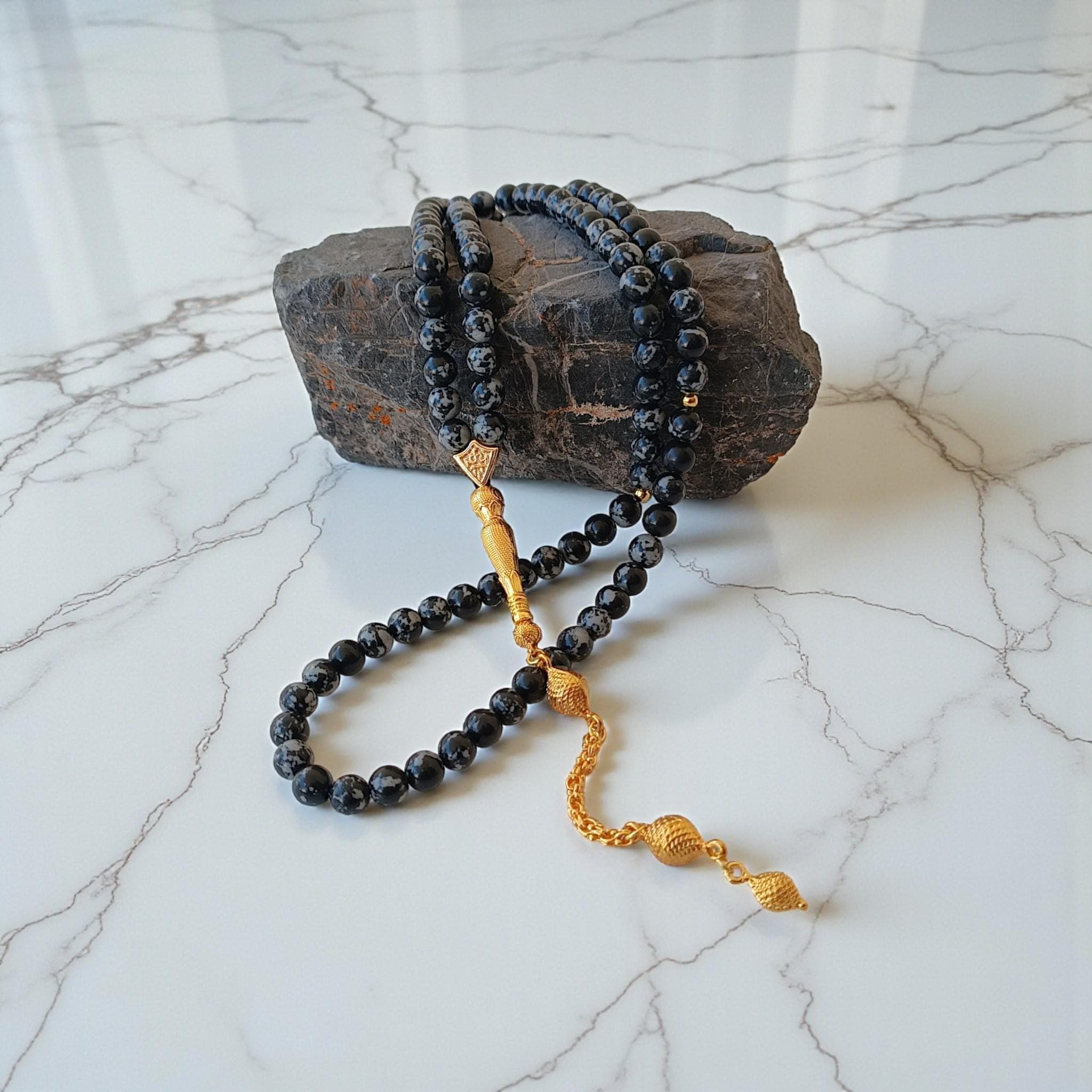 Gray Stone Tasbih 99, Gemstone Prayer Beads, Obsidian Masbaha, Black Gemstone Rosary