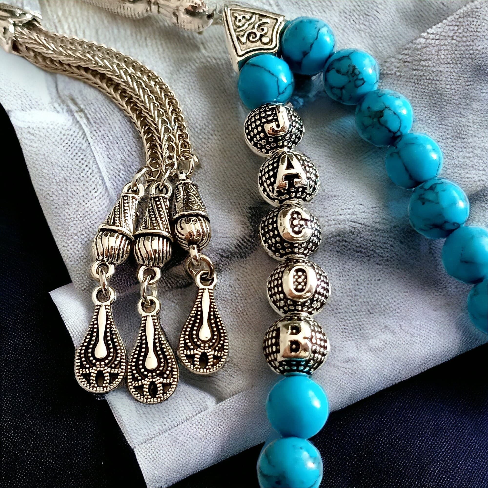 Personalizable Feroza Tasbih, Letter Beaded Rosary, Custom Tasbih, Muslim Prayer Beads, Customizable Masbaha, Sibha, Gemstone Tasbeeh