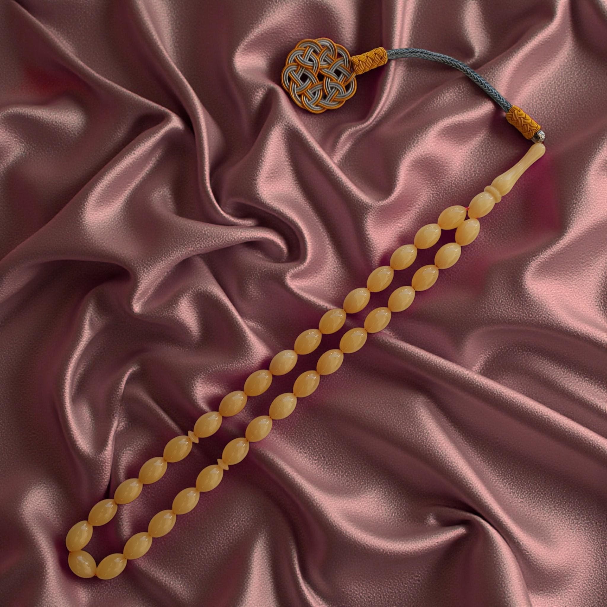 Yellow Masbaha, Bakelite Tasbih 33, Tasbeeh Present, Muslim Gift Idea, Copper Tassel Rosary, Kazaz Prayer Beads, Bakelite Amber Subha