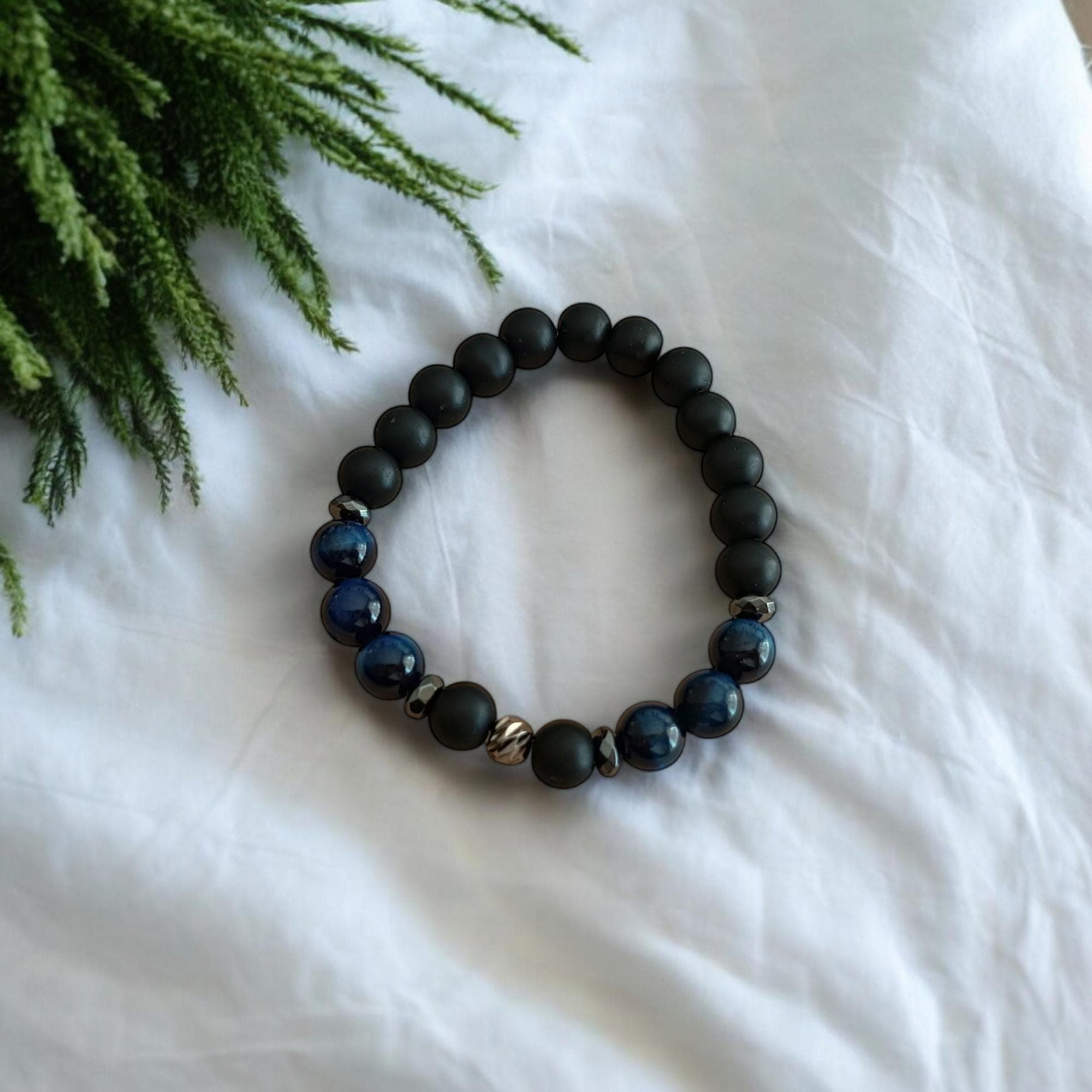 Blue Tiger's Eye Stone Calming Bracelet, 8mm Bracelet, Beaded Bracelet, Blue Gemstone Bracelet, Elastic Jewelry, Unique Gift for Him - image 5