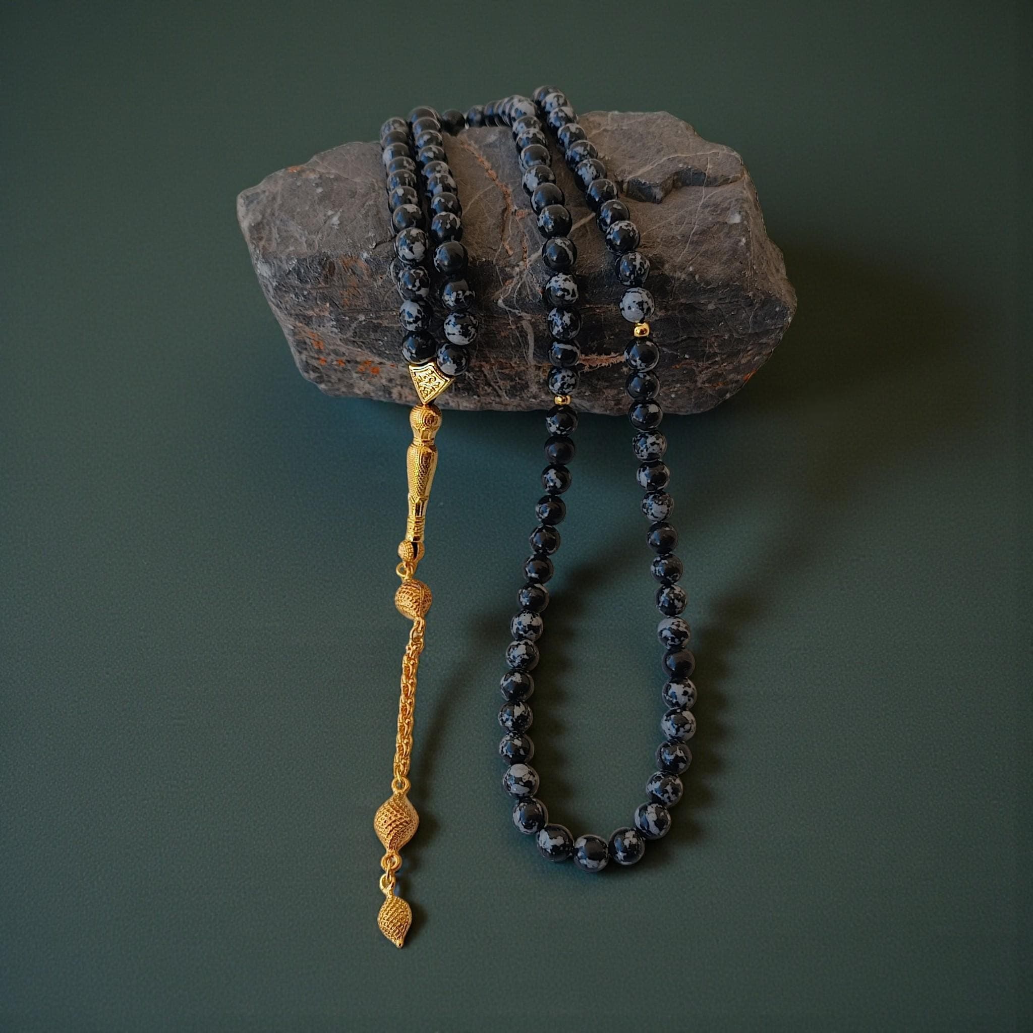 Gray Stone Tasbih 99, Gemstone Prayer Beads, Obsidian Masbaha, Black Gemstone Rosary - image 5
