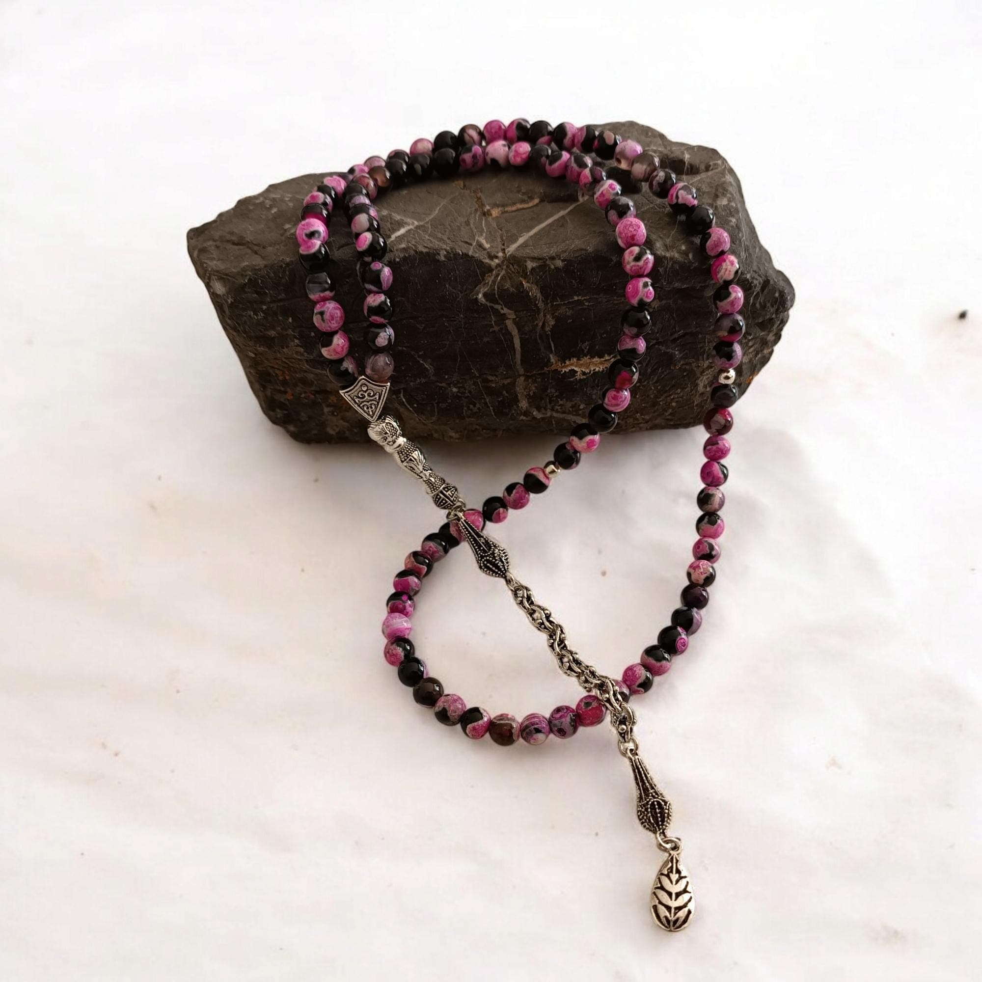 Agate Prayer Beads, Gemstone Tasbih, Aqeeq Tasbeeh, Pink Masbaha, Aqeeq Rosary, Islamic Prayer Beads, Black Aqeeq Subha, Muslim Gift Idea - image 4