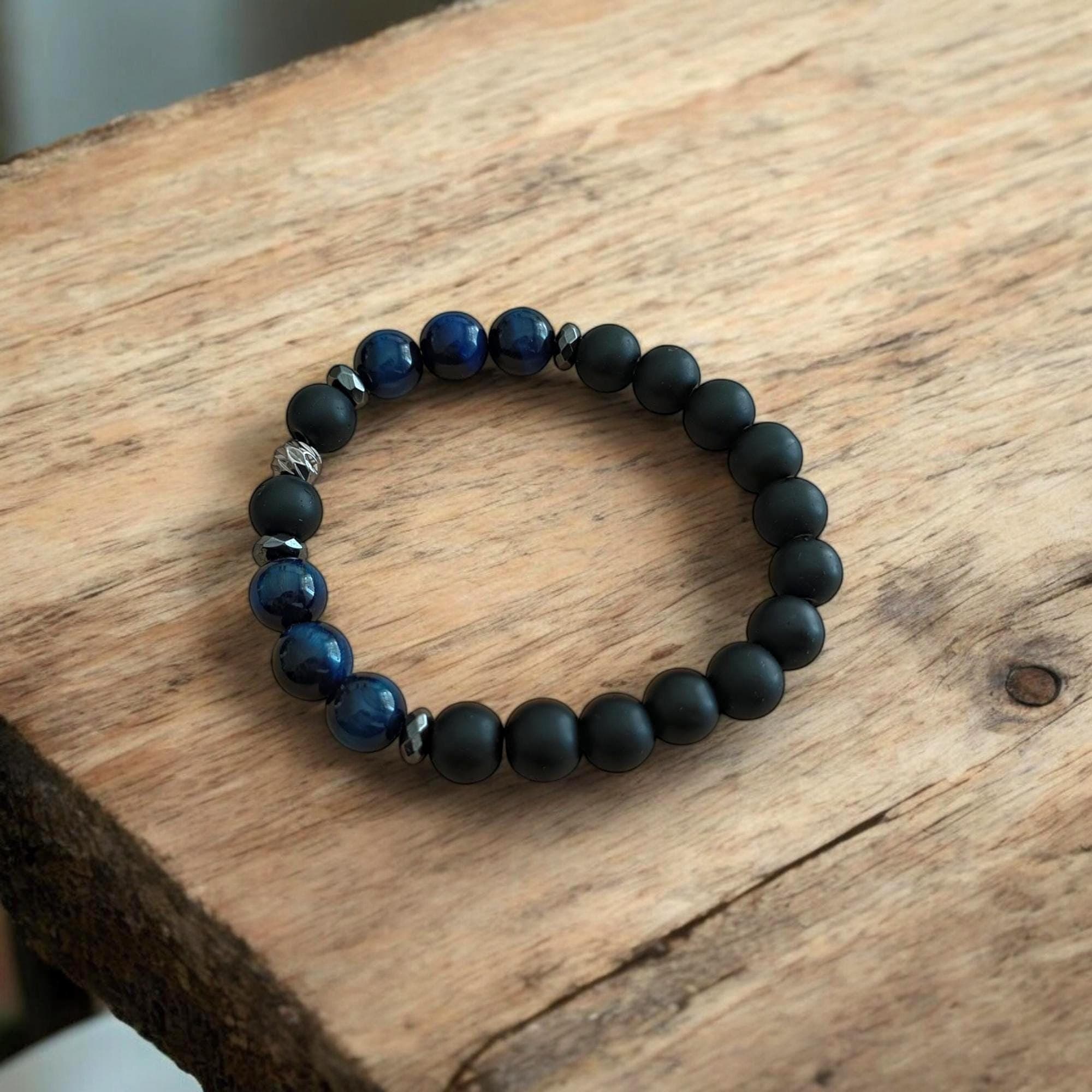Blue Tiger's Eye Stone Calming Bracelet, 8mm Bracelet, Beaded Bracelet, Blue Gemstone Bracelet, Elastic Jewelry, Unique Gift for Him