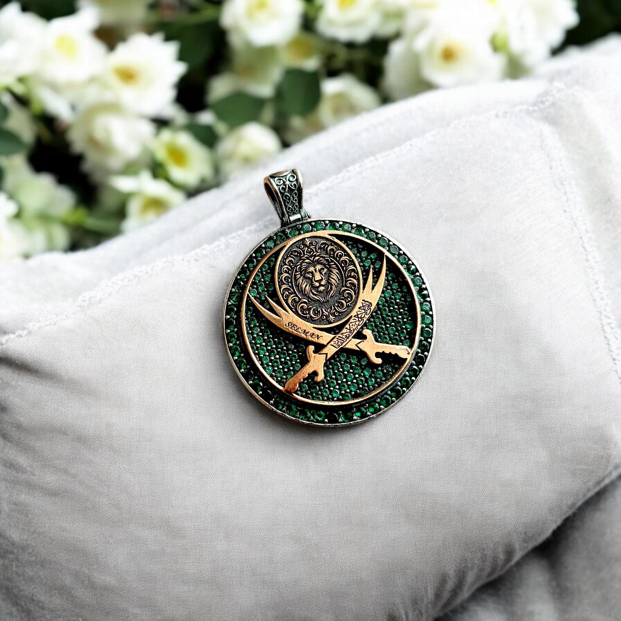 Green Zircon Inlaid 925 Sterling Silver Name Necklace, Silver Medallion, Customizable Medallion, Engraved Necklace, Custom Men Jewelry - image 4