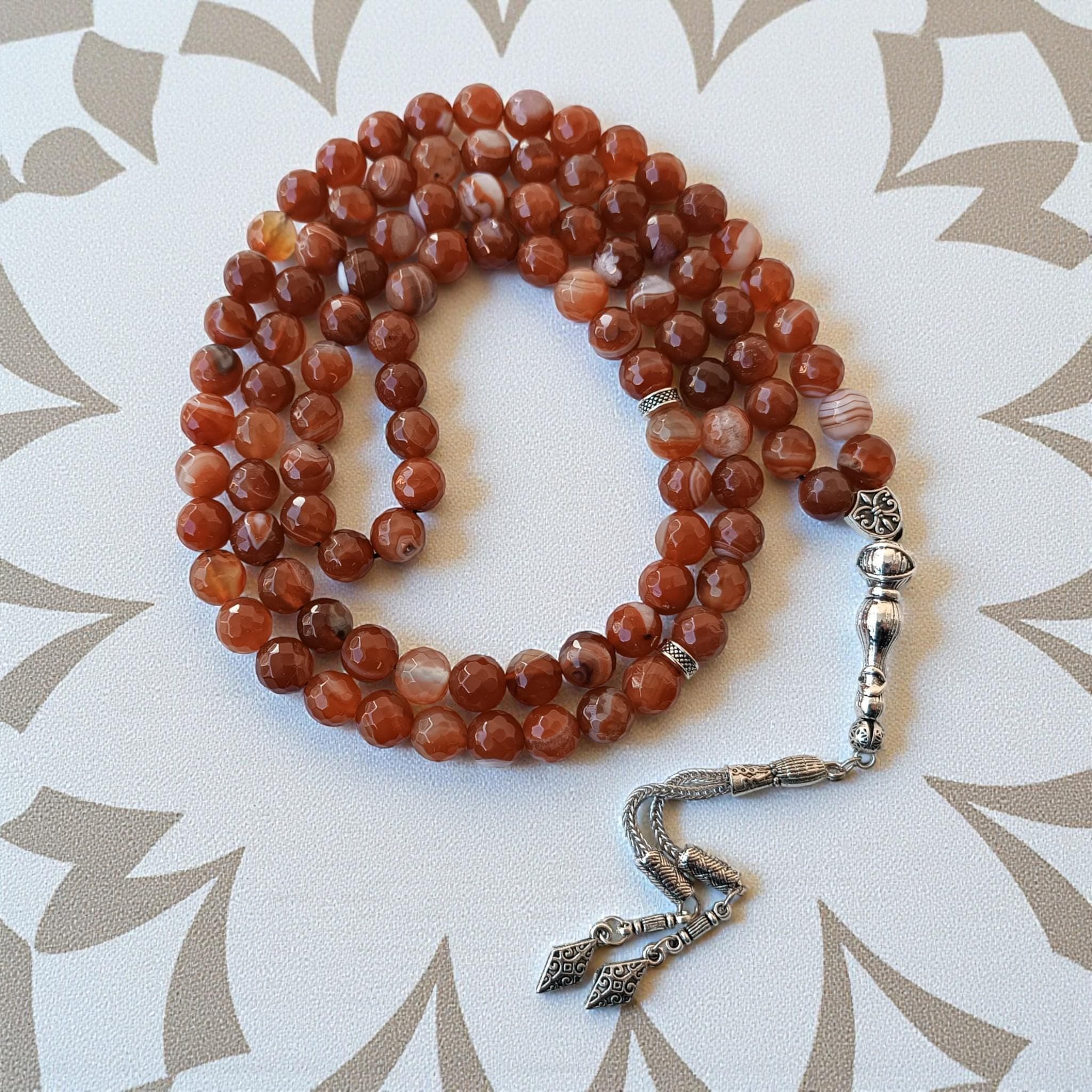 Agate Prayer Beads, 10mm Rosary Beads, Muslim Tasbih 99, Red Gemstone Subha, Aqeeq Masbaha, Islamic Chapelet, Present for Eid