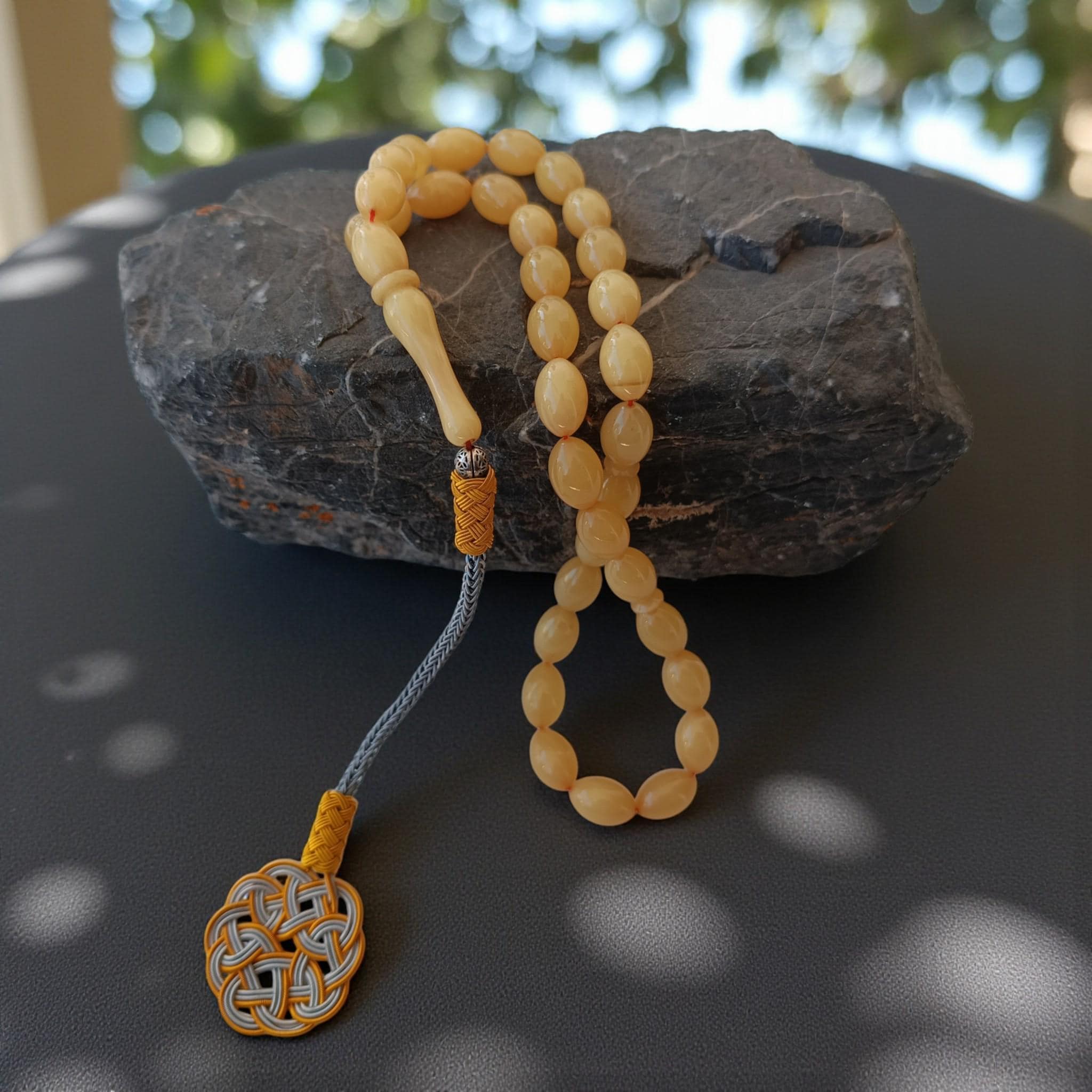 Yellow Masbaha, Bakelite Tasbih 33, Tasbeeh Present, Muslim Gift Idea, Copper Tassel Rosary, Kazaz Prayer Beads, Bakelite Amber Subha - image 4