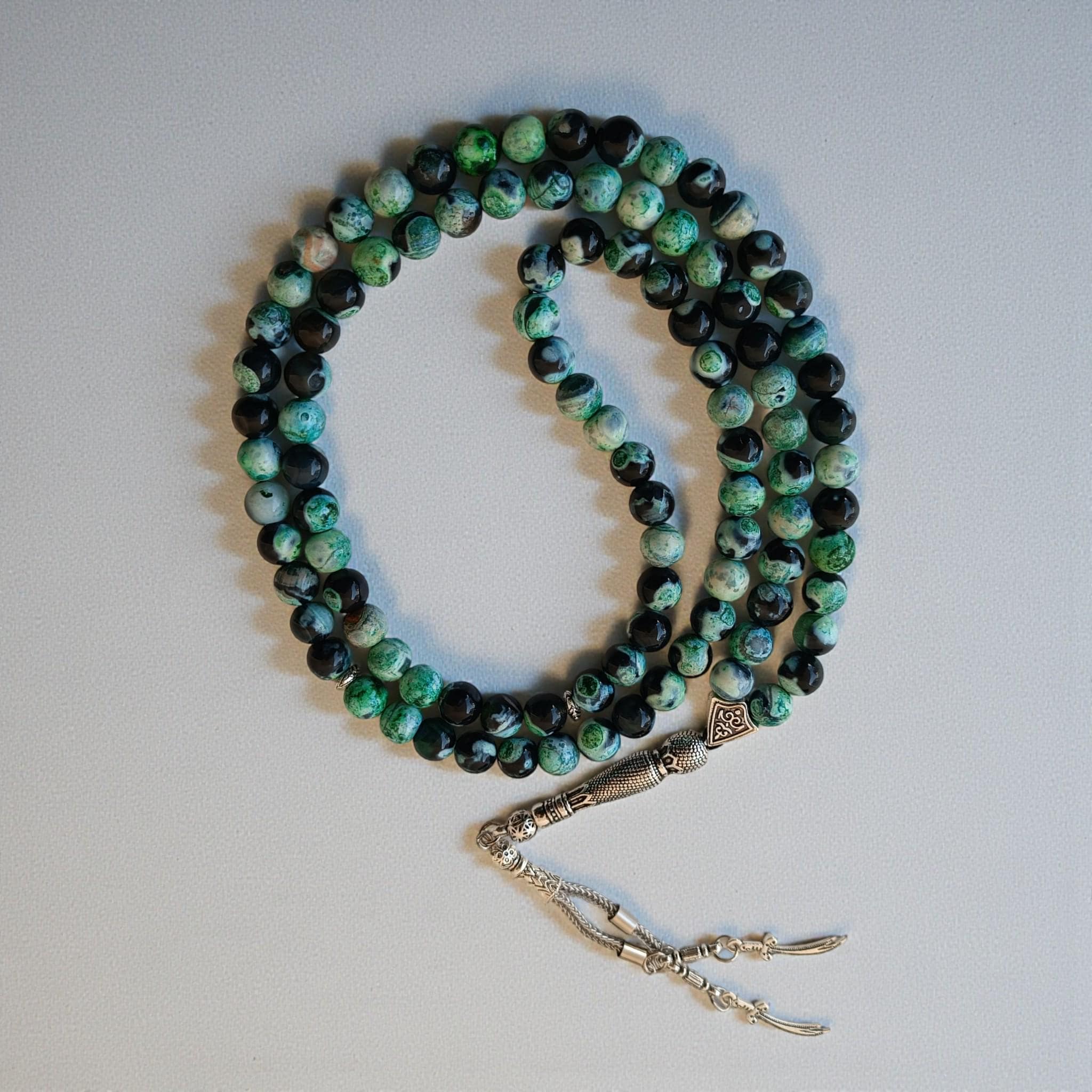 Green & Black Tasbeeh 99, Aqeeq Prayer Beads, Agate Gemstone Tasbih, Islamic 8MM Rosary