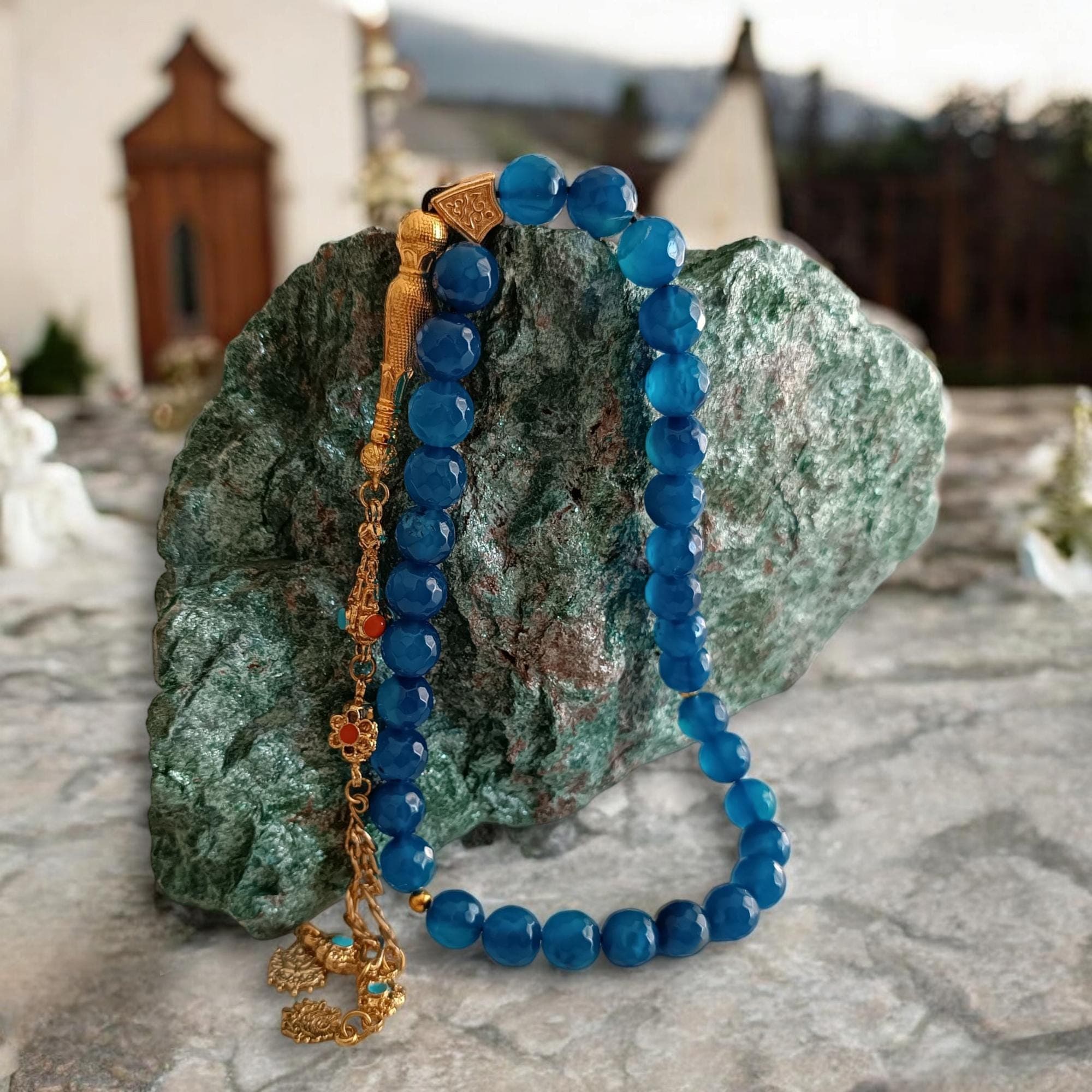 Blue Tasbih, Transparent Tasbih, Gemstone Masbaha, Agate Rosary, Blue Aqeeq Misbah, Tasbih 33, Round Prayer Beads, Muslim Gift, Agate Tesbih - image 4