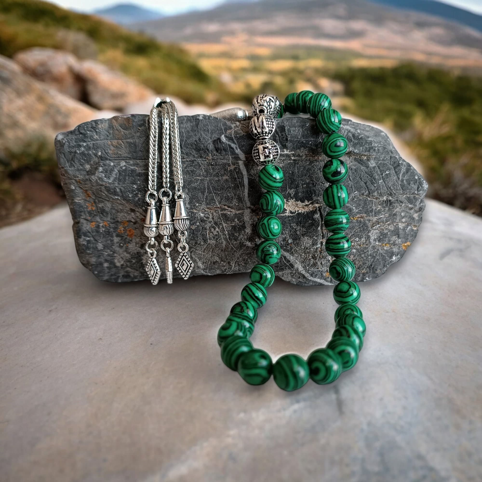 Malachite Tasbih, Custom Tasbih, Custom Gemstone Rosary, Name Tasbih, Name Rosary, Custom Prayer Beads, Green Tasbeeh, Customizable Subha - image 3