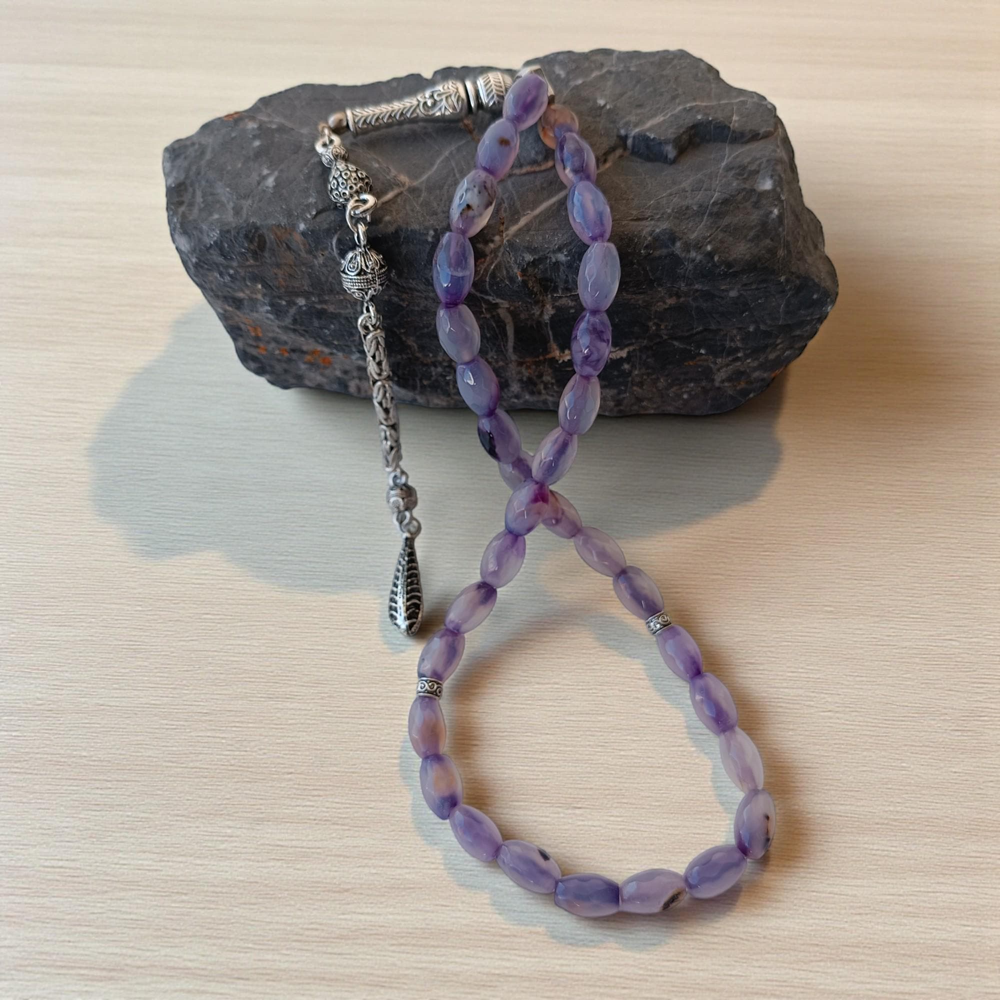Purple Gemstone Prayer Beads, 33 Beads Agate Subha, Aqeeq Stone Tasbih, Purple Agate Masbaha, Islamic Present for Eid, Gemstone Tasbeeh Gift - image 3