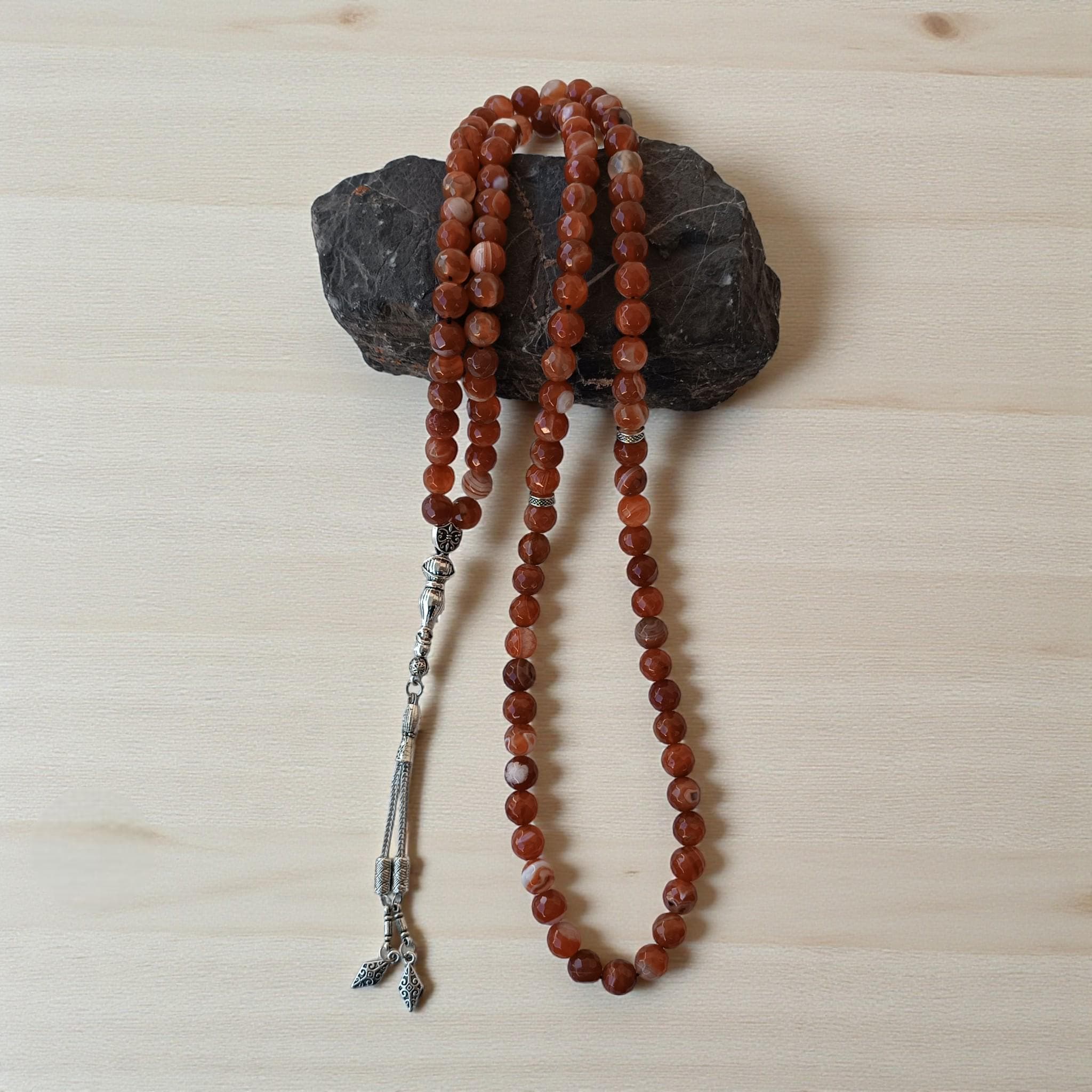 Agate Prayer Beads, 10mm Rosary Beads, Muslim Tasbih 99, Red Gemstone Subha, Aqeeq Masbaha, Islamic Chapelet, Present for Eid - image 4