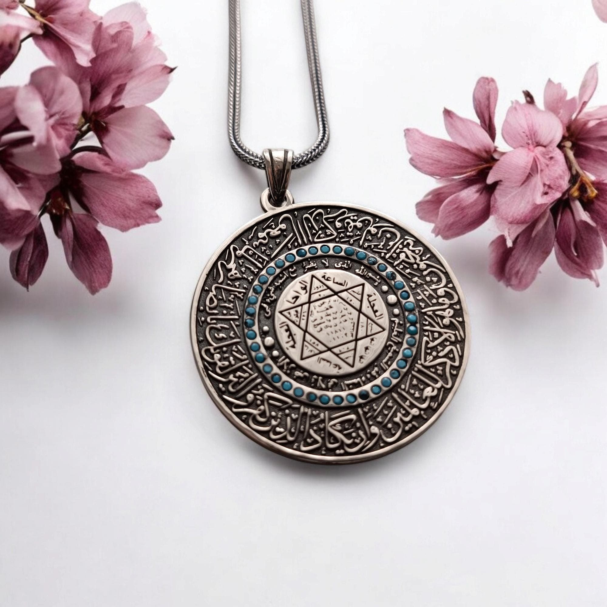 Turquoise Gemstone Medallion with Seal of Solomon, Solomon Locket, Star of David Necklace, Quran Verse Silver Jewelry, Amulet Talisman
