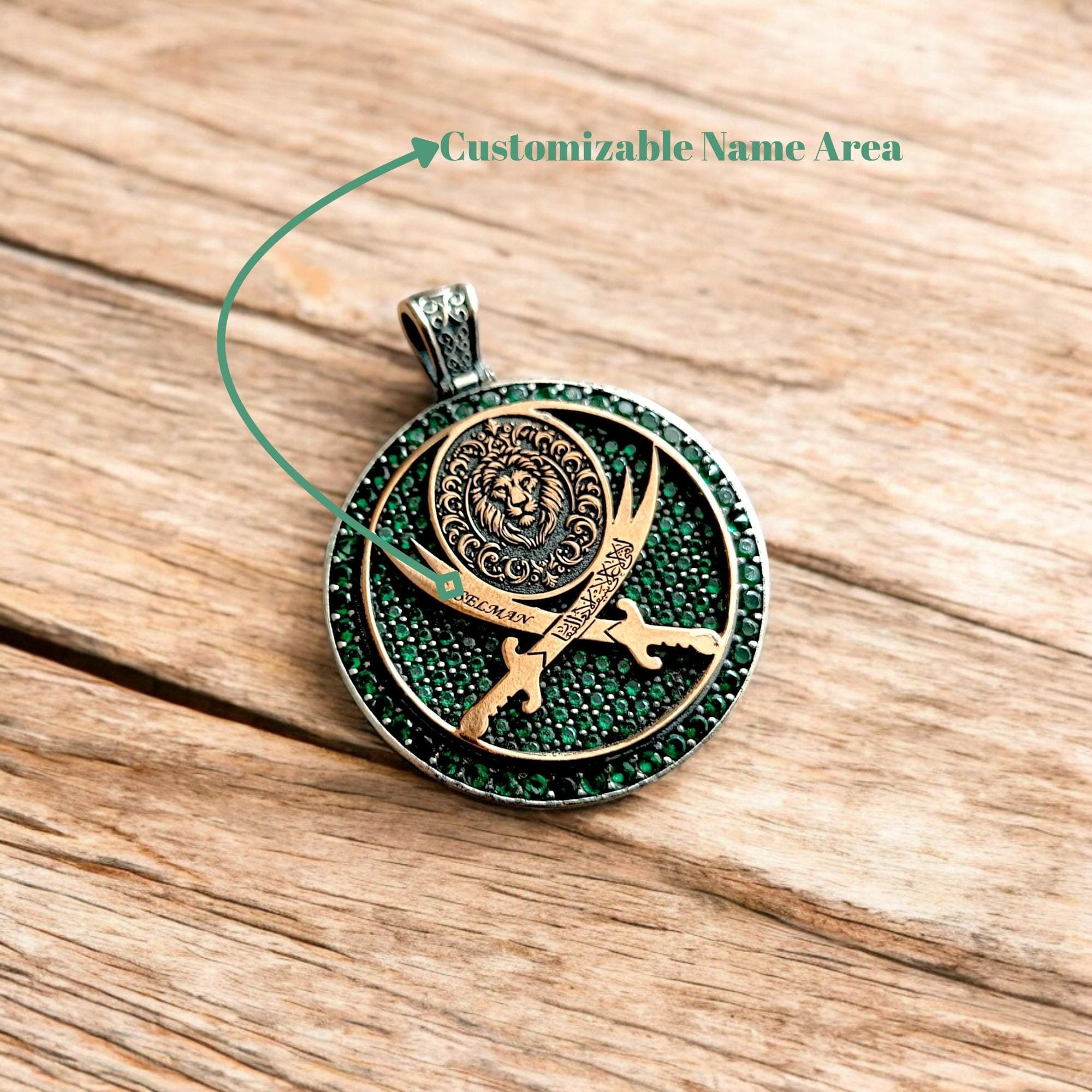 Green Zircon Inlaid 925 Sterling Silver Name Necklace, Silver Medallion, Customizable Medallion, Engraved Necklace, Custom Men Jewelry - image 3
