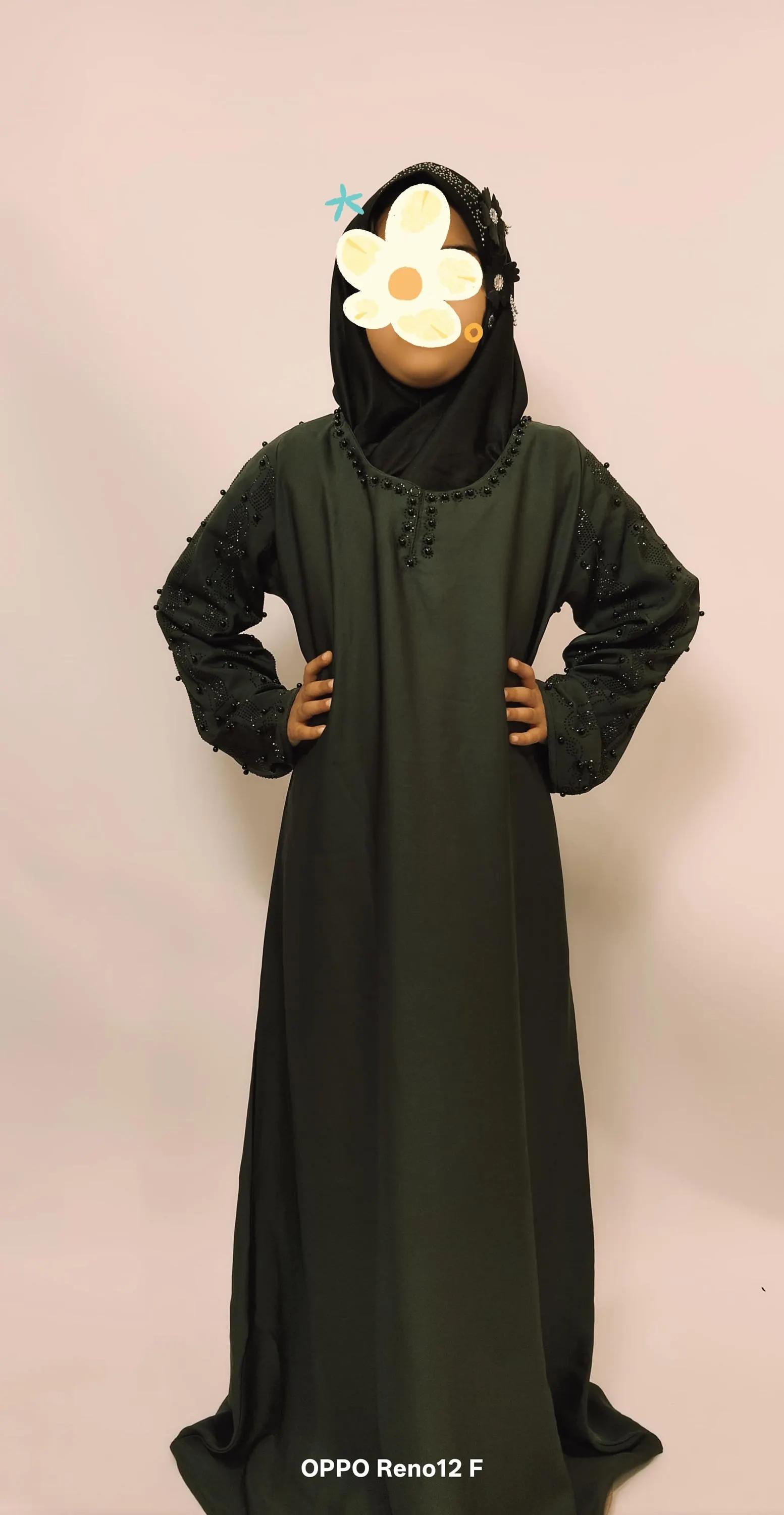 Girls' Green-Grey Nidha Abaya Dress with Head Scarf, Size 46 - image 3
