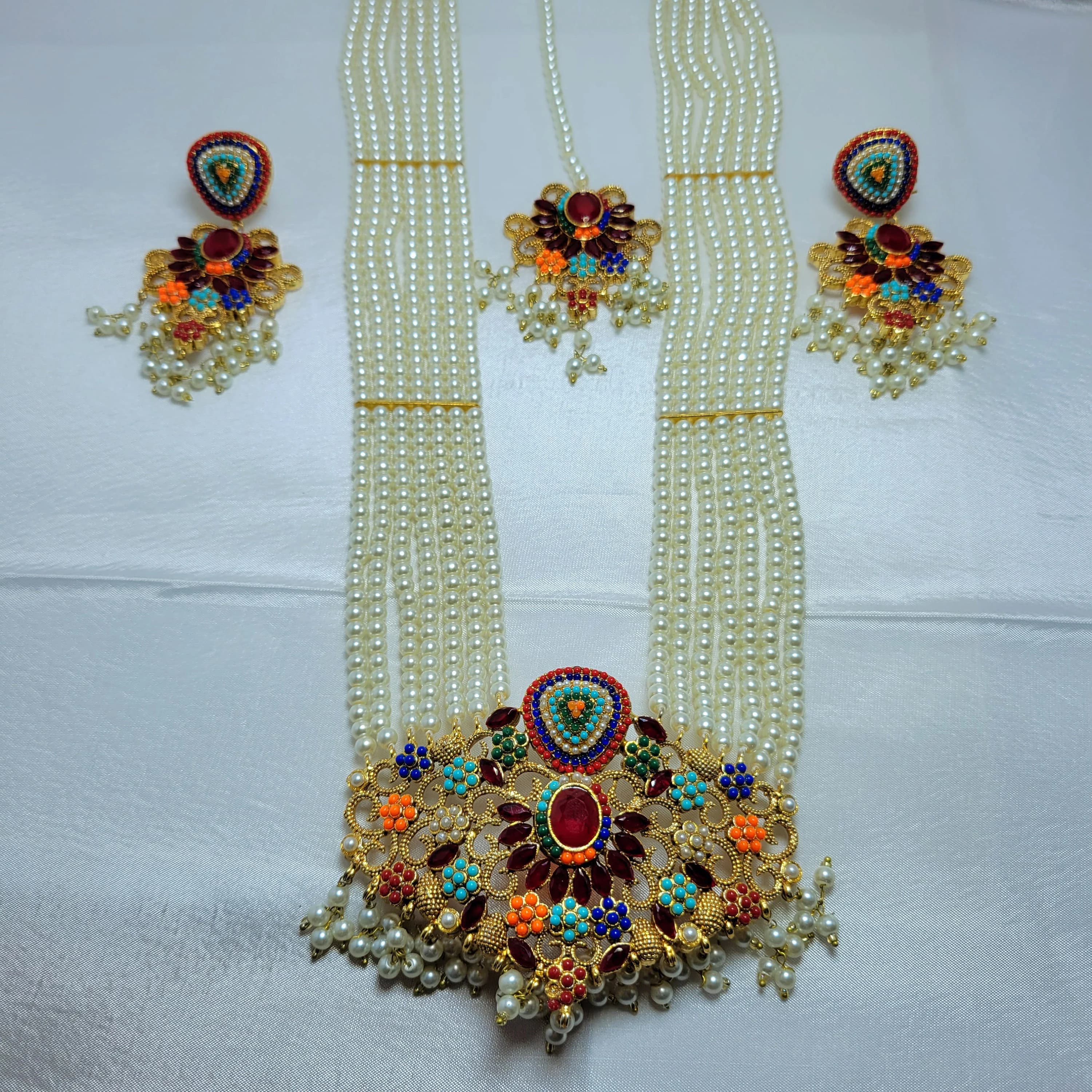 ANTIQUE Jewelry/ Indian Navrattan Mala set Kite shaped in 2 shapes Round & Triangle - image 5
