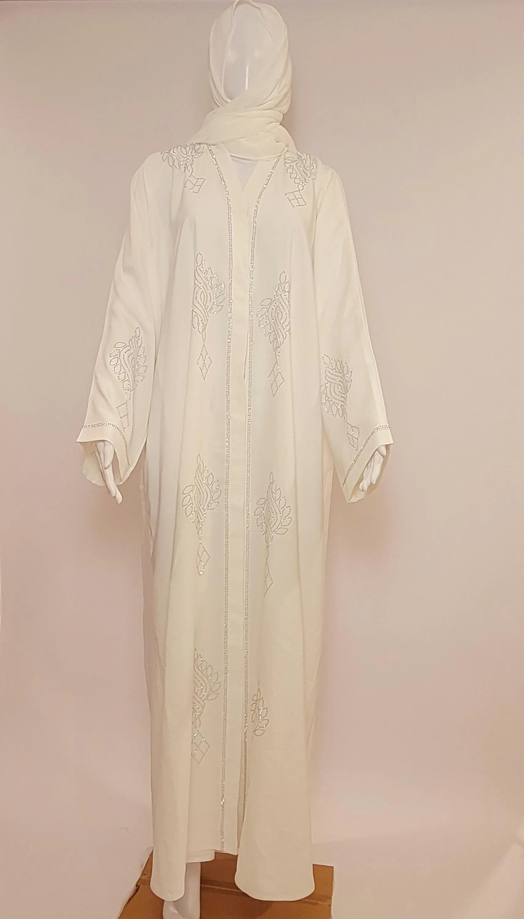 White Nidha Abaya with Silver Rhinestone Embroidery, Chiffon Scarf Included