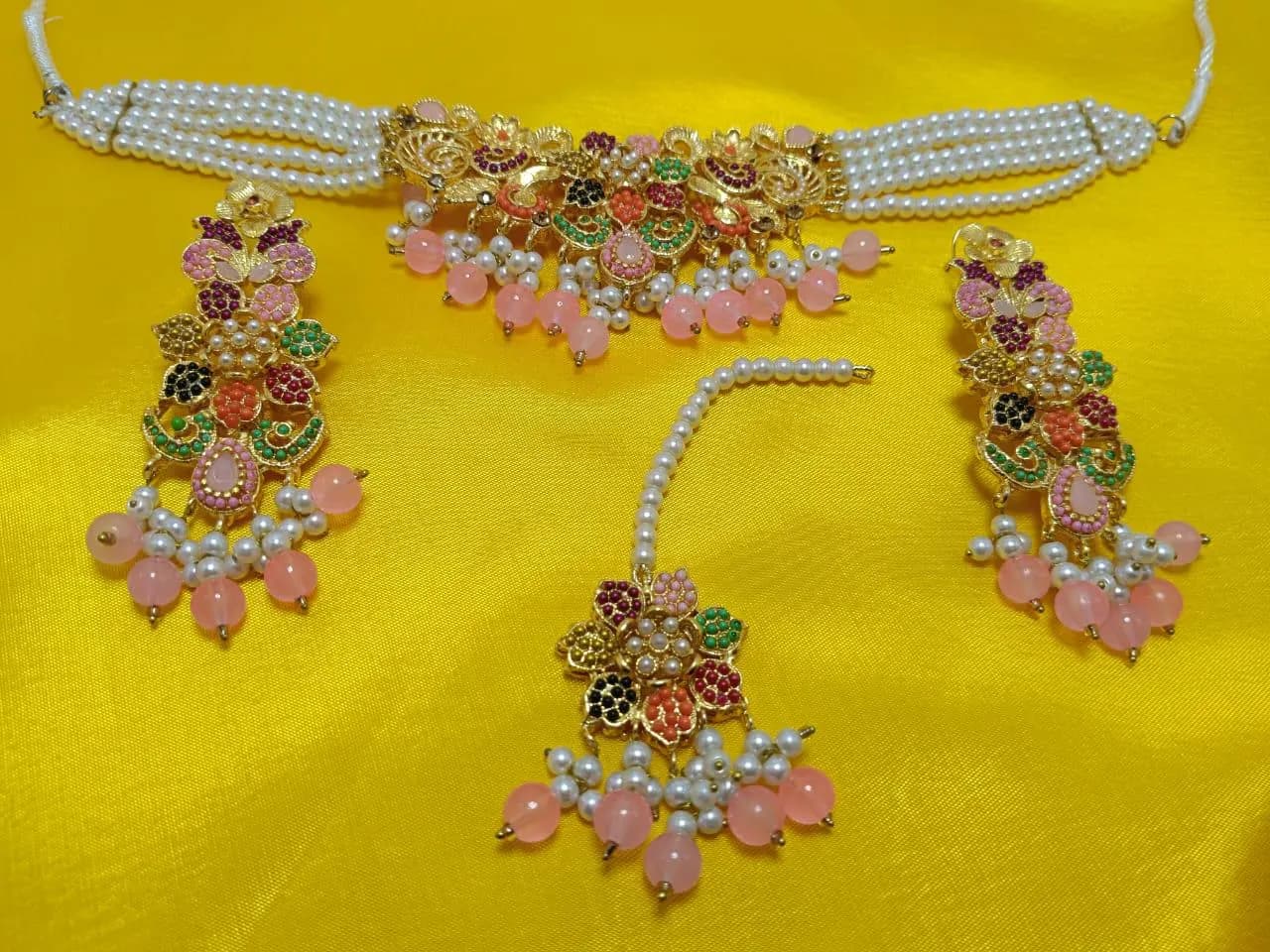 Navratan Choker Set, Rajwadi Style Indian Jewelry - image 4