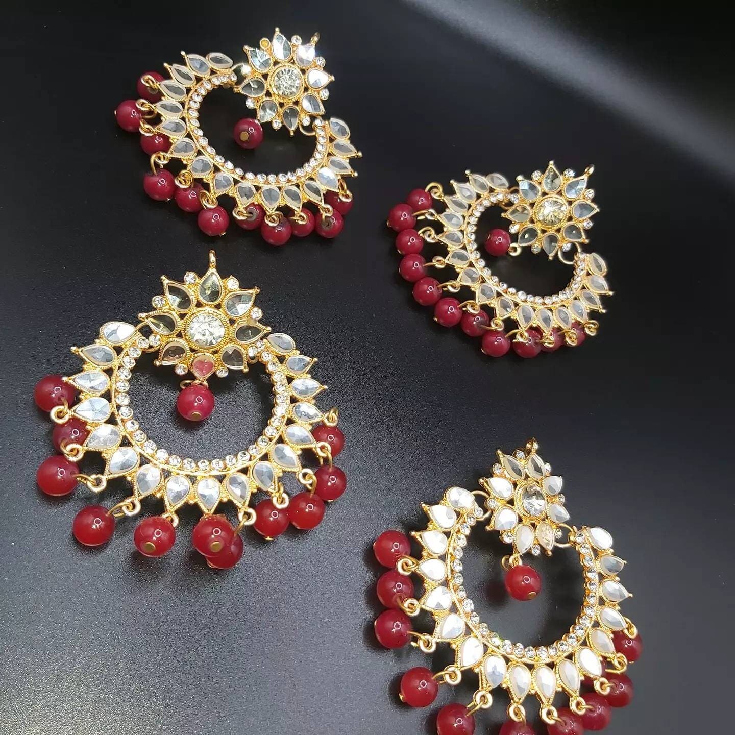 Traditional indian kundan chandballi/kundan jhumky in dark pink color - image 3