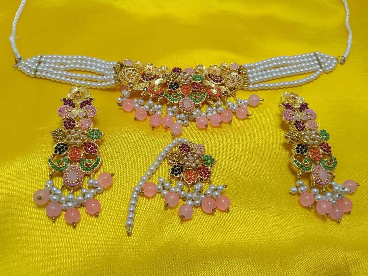 Navratan Choker Set, Rajwadi Style Indian Jewelry - image 5