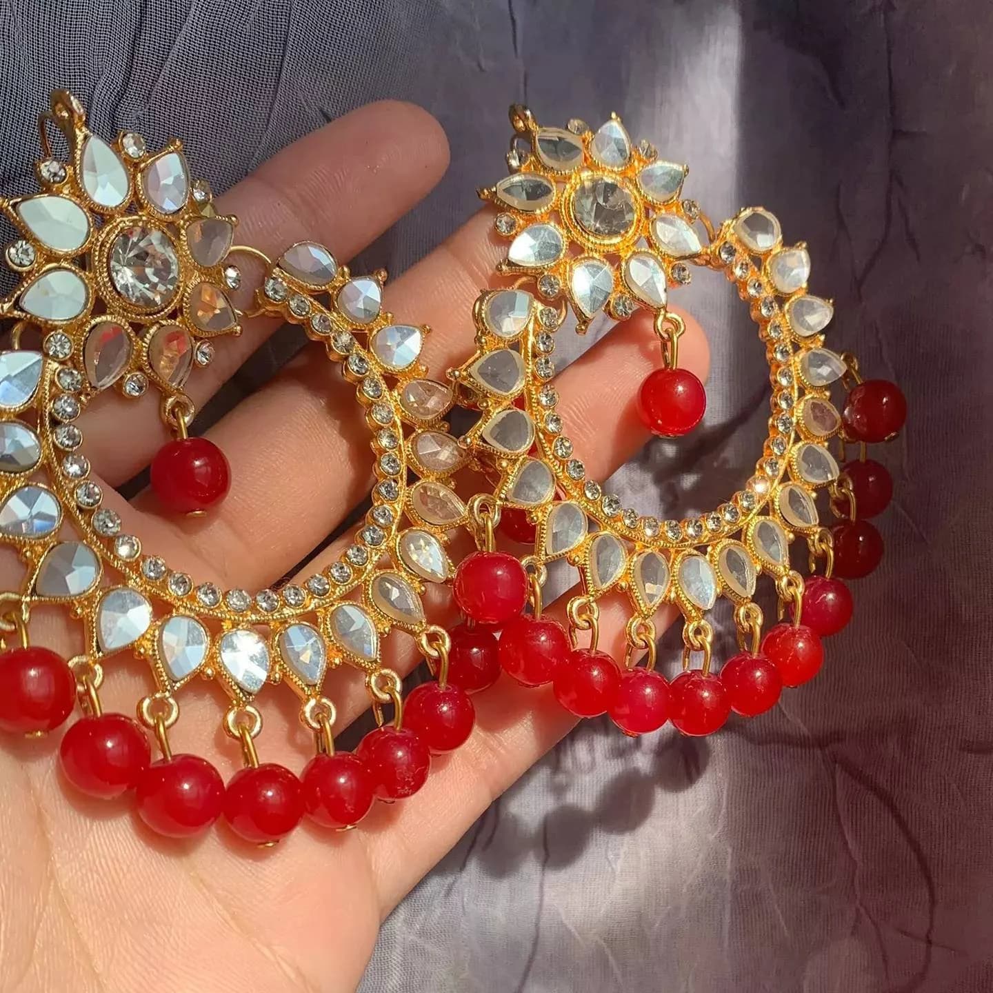 Traditional indian kundan chandballi/kundan jhumky in dark pink color