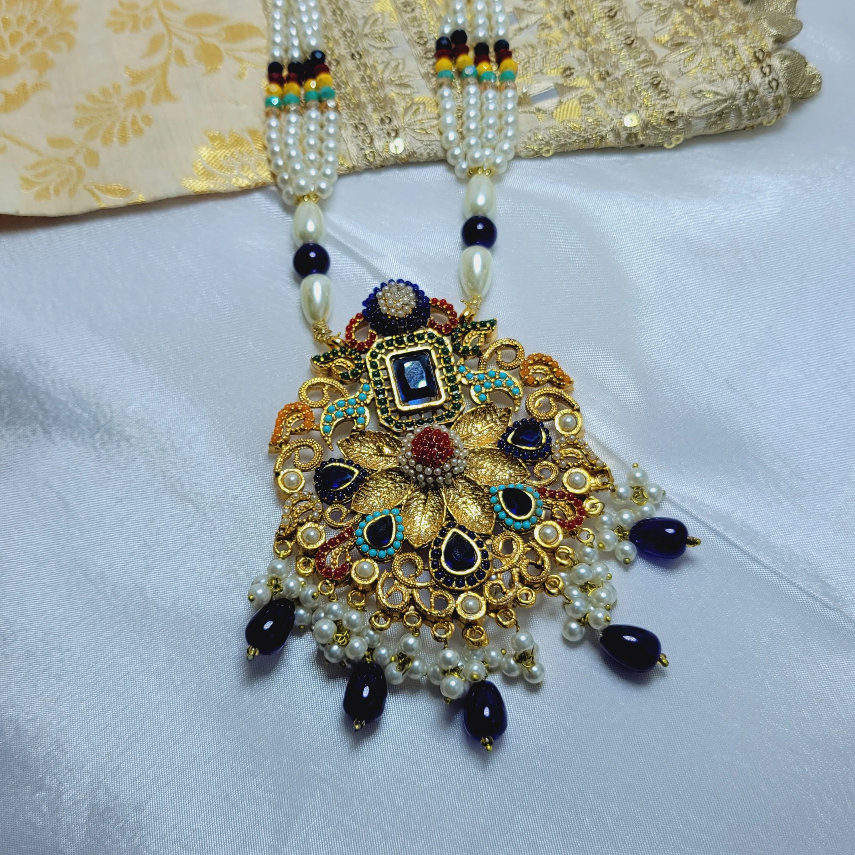 ANTIQUE Jewelry/ Indian Navrattan Mala set Kite shaped in 2 shapes Round & Triangle - image 3