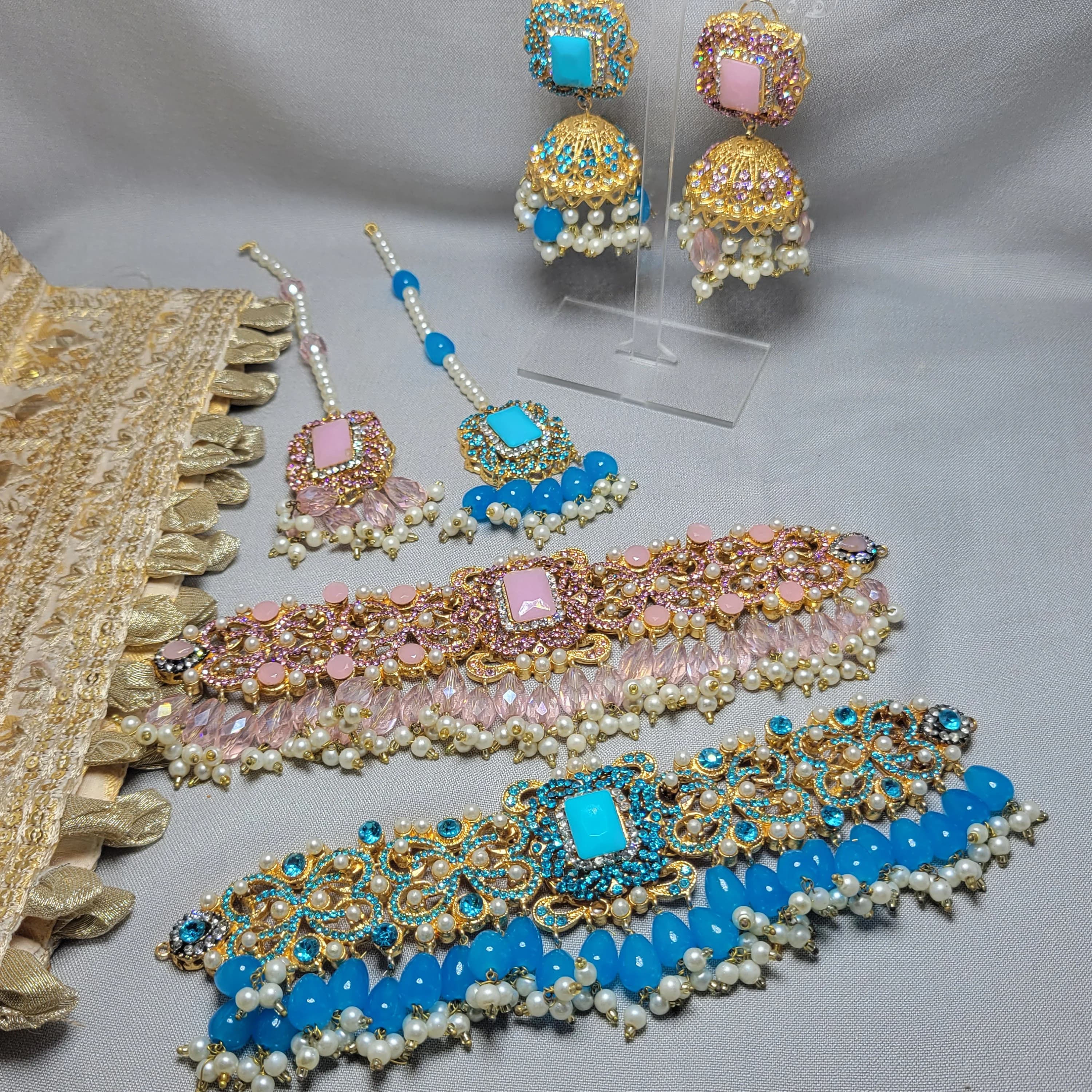 Polki Choker Set: Pink & Blue Indian Jewelry