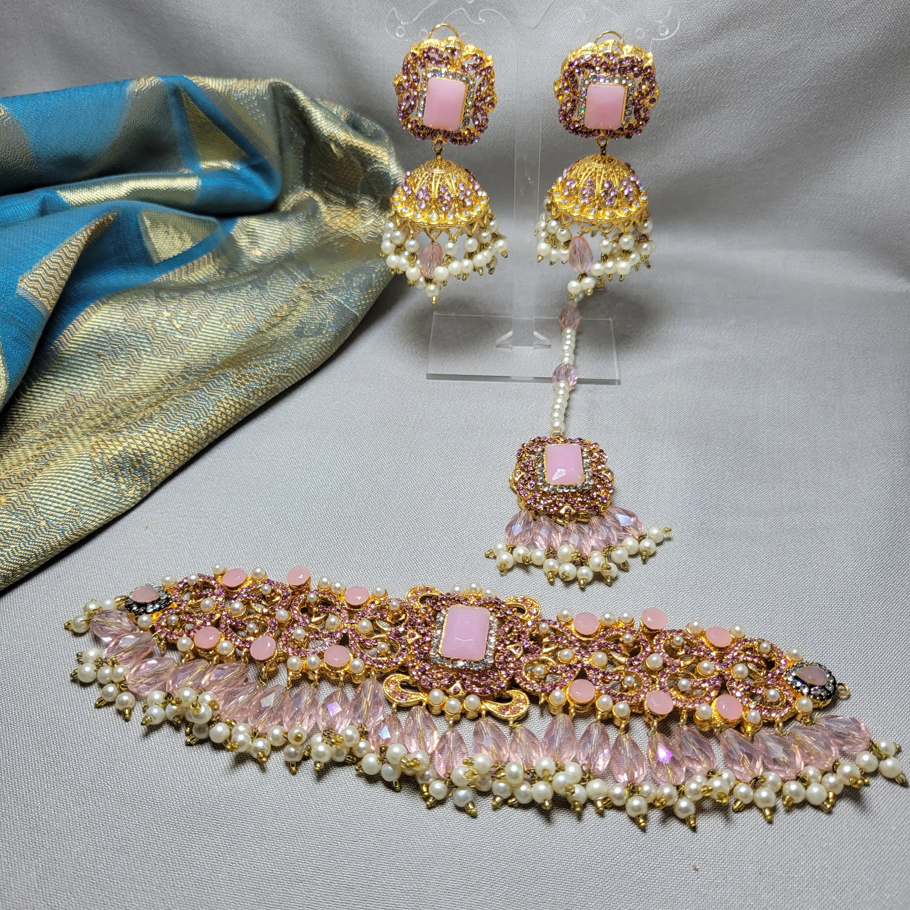 Polki Choker Set: Pink & Blue Indian Jewelry - image 4