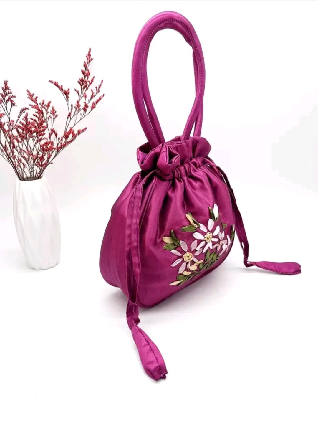 Embroidered Silk Potli Bag, Elegant Floral Evening Pouch - image 5