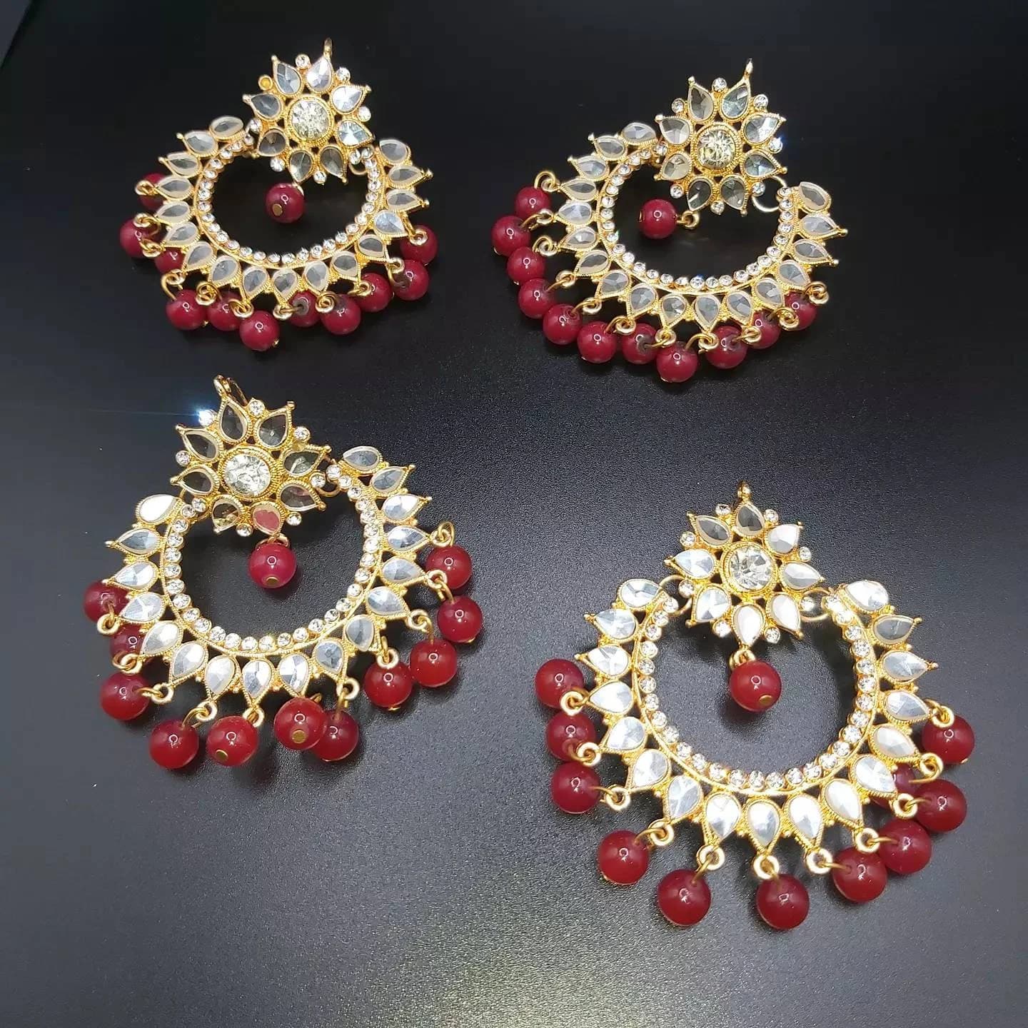 Traditional indian kundan chandballi/kundan jhumky in dark pink color - image 4