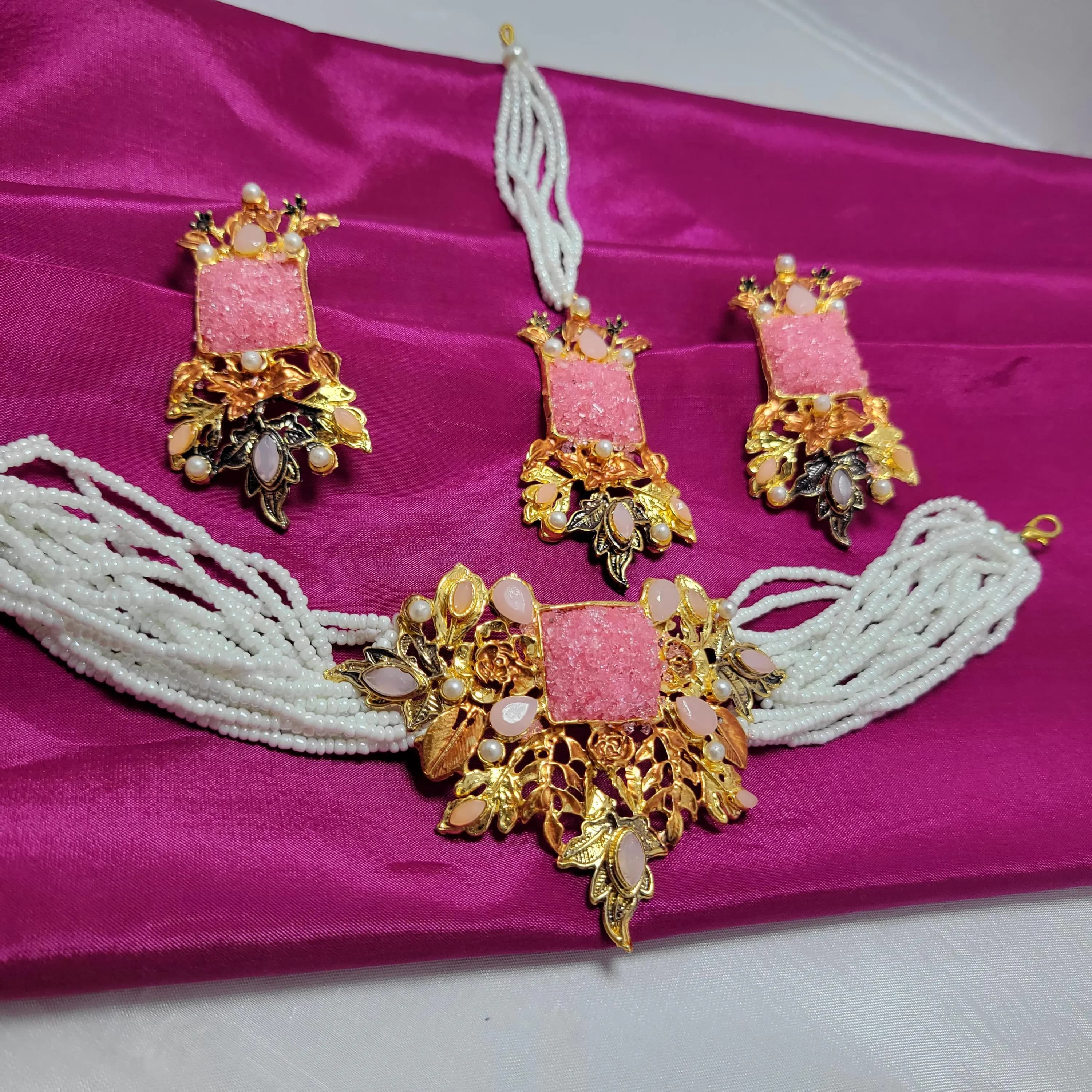 Floral Crystal Bead Choker Set - Indian Inspired Jewelry - image 5