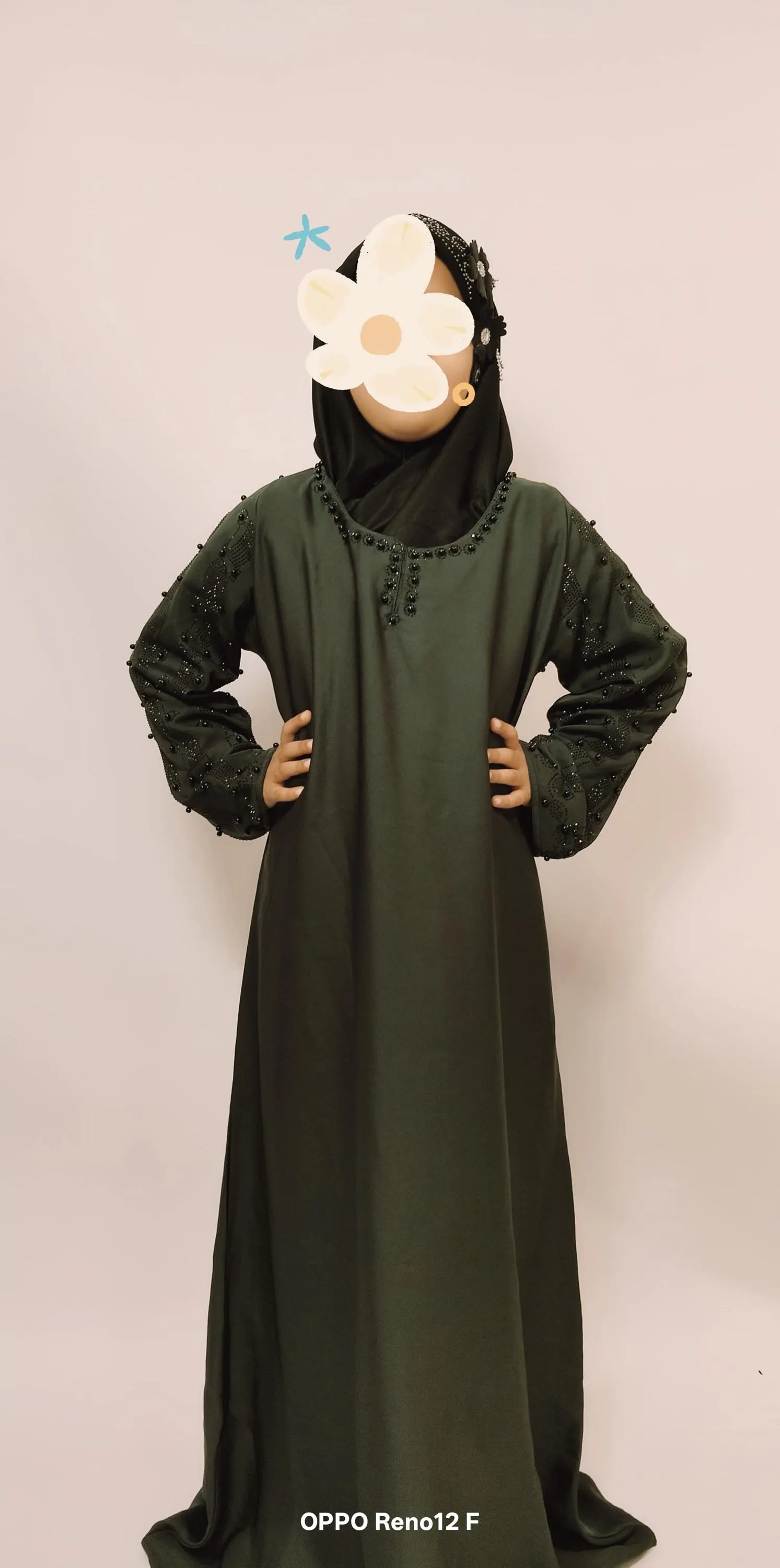 Girls' Green-Grey Nidha Abaya Dress with Head Scarf, Size 46